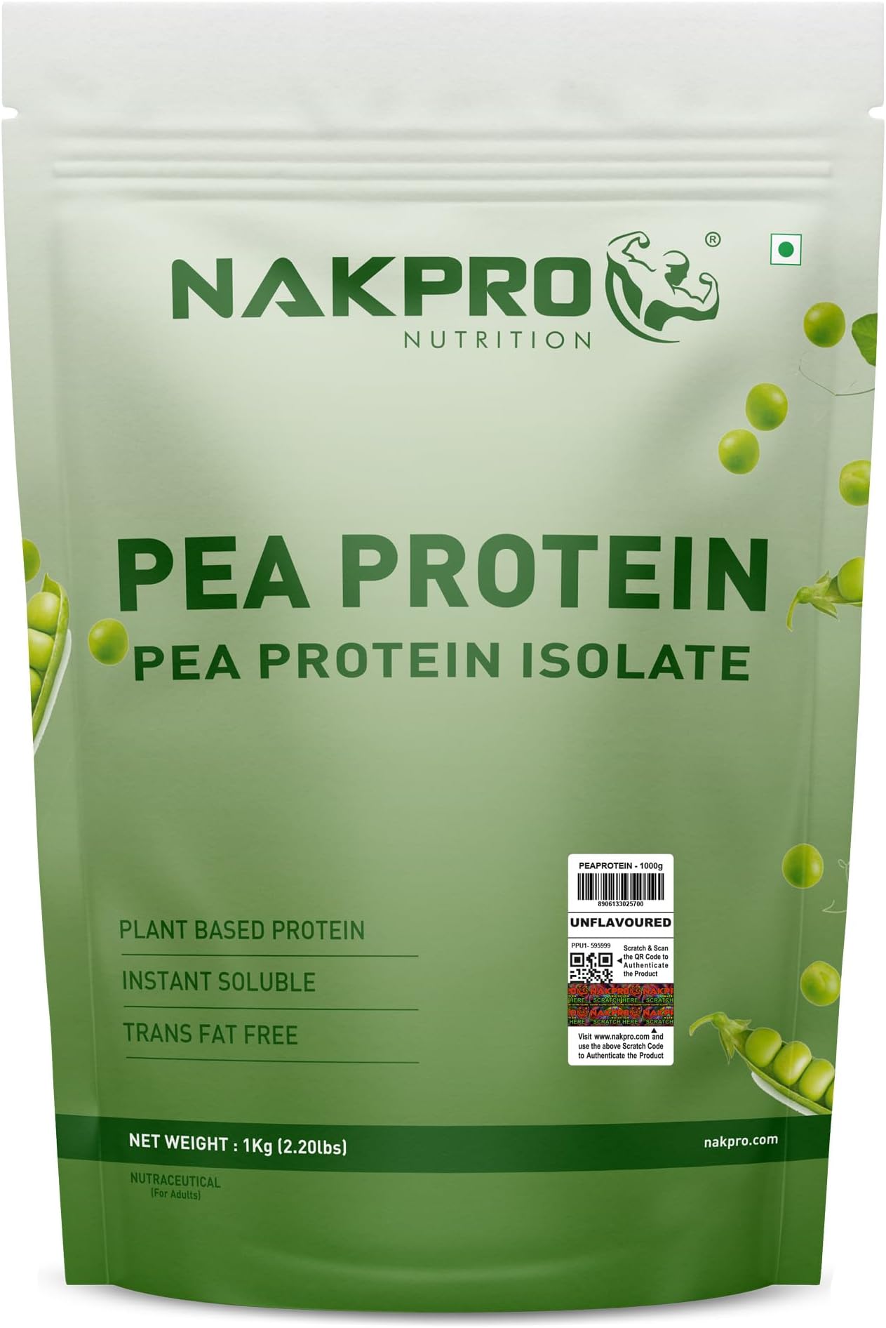 100% Pea Protein Isolate, Unflavoured - 1kg | 28.8g Protein, 5.5g BCAA | Natural Vegan Plant Protein Powder | Easy To Digest | All Essential Amino Acids for Muscle Gain and Recovery