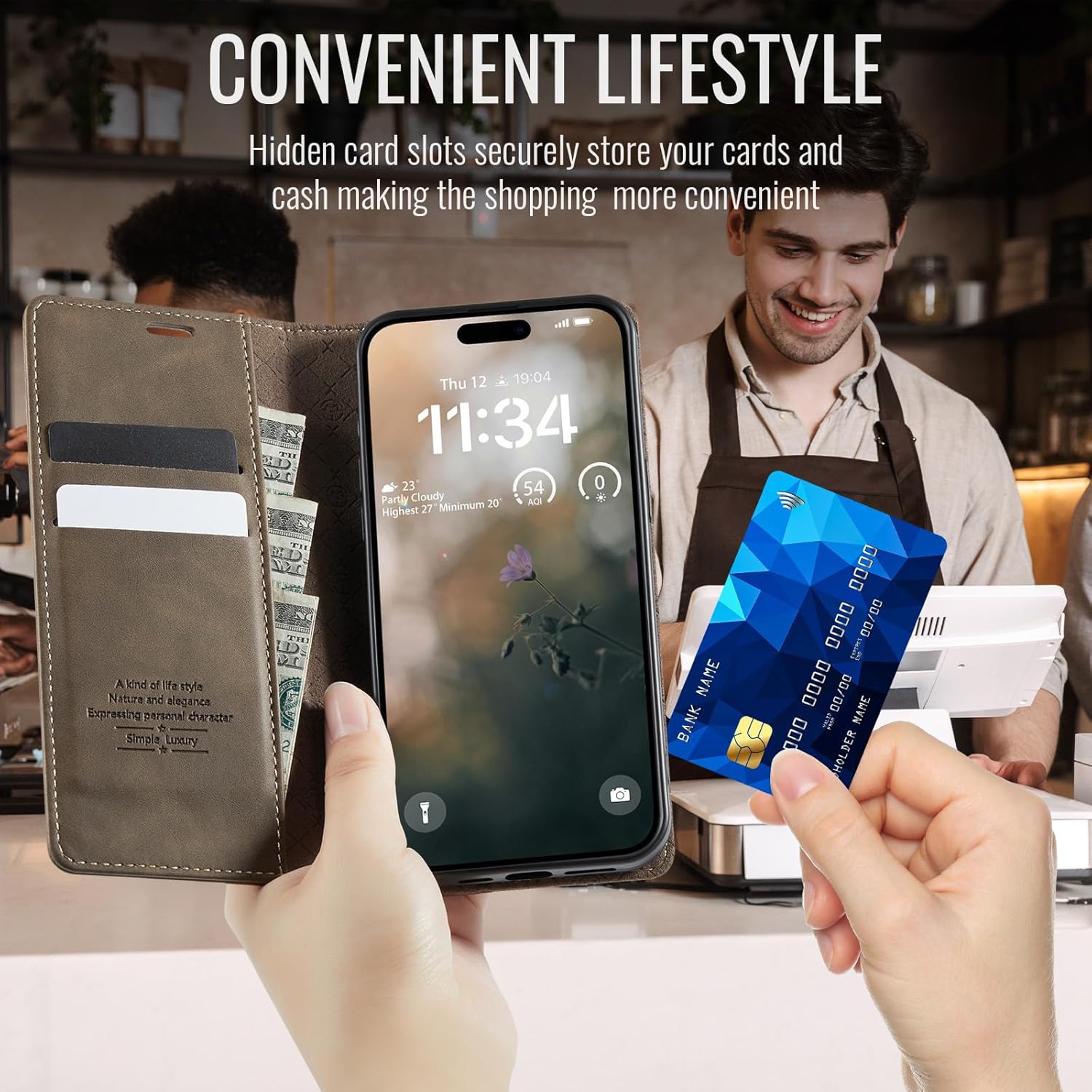 Case for iPhone 17 Pro Max, Vintage PU Leather Slim Folio Flip Cover with Magnetic Closure, Card & Cash Slots, Kickstand Stand Function, Shockproof Soft TPU Shell, Brown