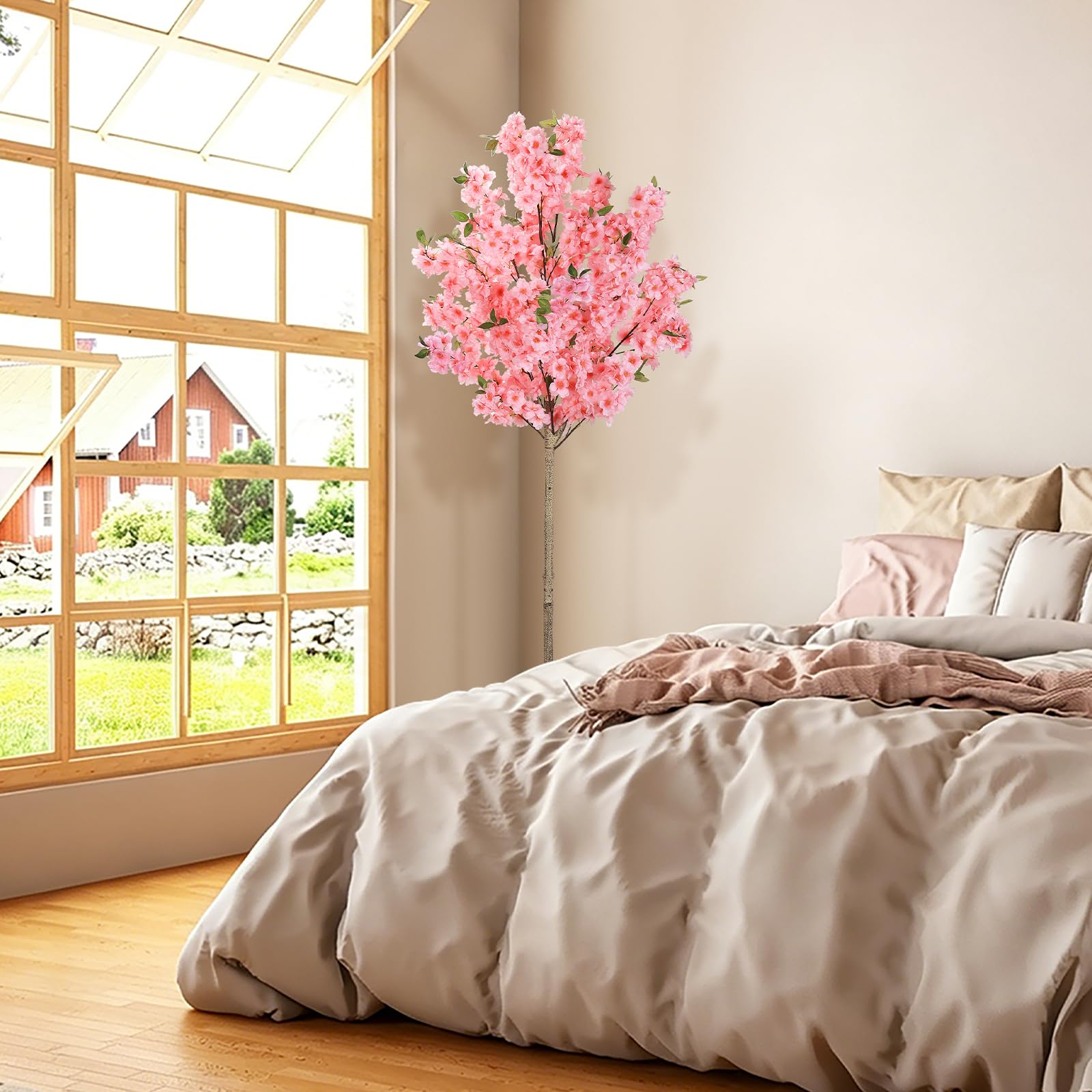 Cerisier Japonais Artificiel Exterieur/Interieur 180cm - Arbre Artificiel Fleuri Haut de Gamme avec Pot en Ciment, Fleurs Artificielles Déco Realistes pour Jardin, Balcon, Salon, Bureau Rose