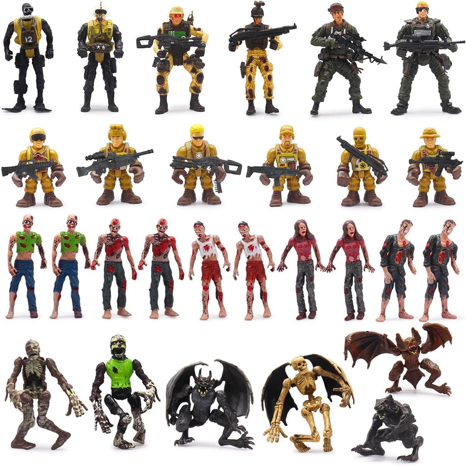 Bonikita Army Men Action Figures Playset, 30 PCS Soldiers Zombies Monsters Action Figures with Weapons Gear Equipment Accessories - 4 Inches Military Toy for Boys Ages 6 7 8 9 10 11 12 Years Old