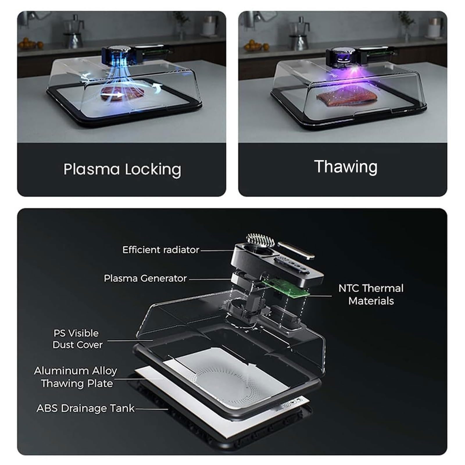 Vassoio elettrico per scongelare la carne con tecnologia del flusso d'aria e coperchio visivo, scatola di scongelamento rapido da 4,2 l, tempo di scongelamento di 10 minuti per alimenti surgelati