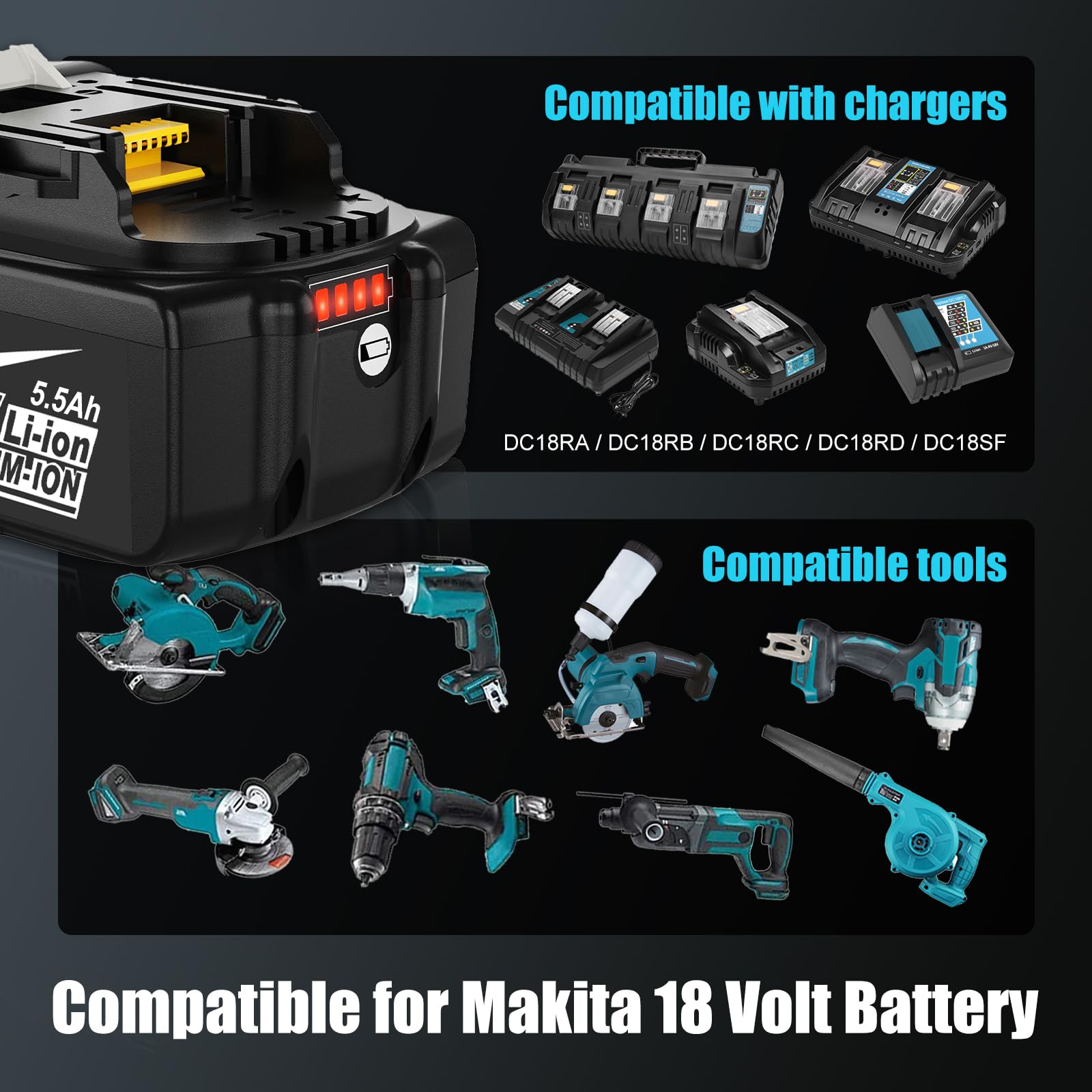 18V 5,5Ah BL1850B Sostituzione per Makita batteria+ caricabatteria, compatibile per Makita 14,4V~18V BL1860B BL1850B BL1840 BL1430 BL1415 e caricabatteria DC18RA DC18RCT DC18R (blue+black)