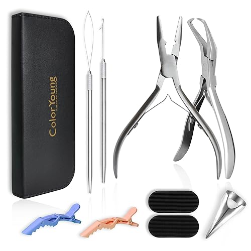 Kit de herramientas de cuentas de extensión de cabello - Extensión de cabello micro y pre-unida para cerrar y quitar cuentas (plata)