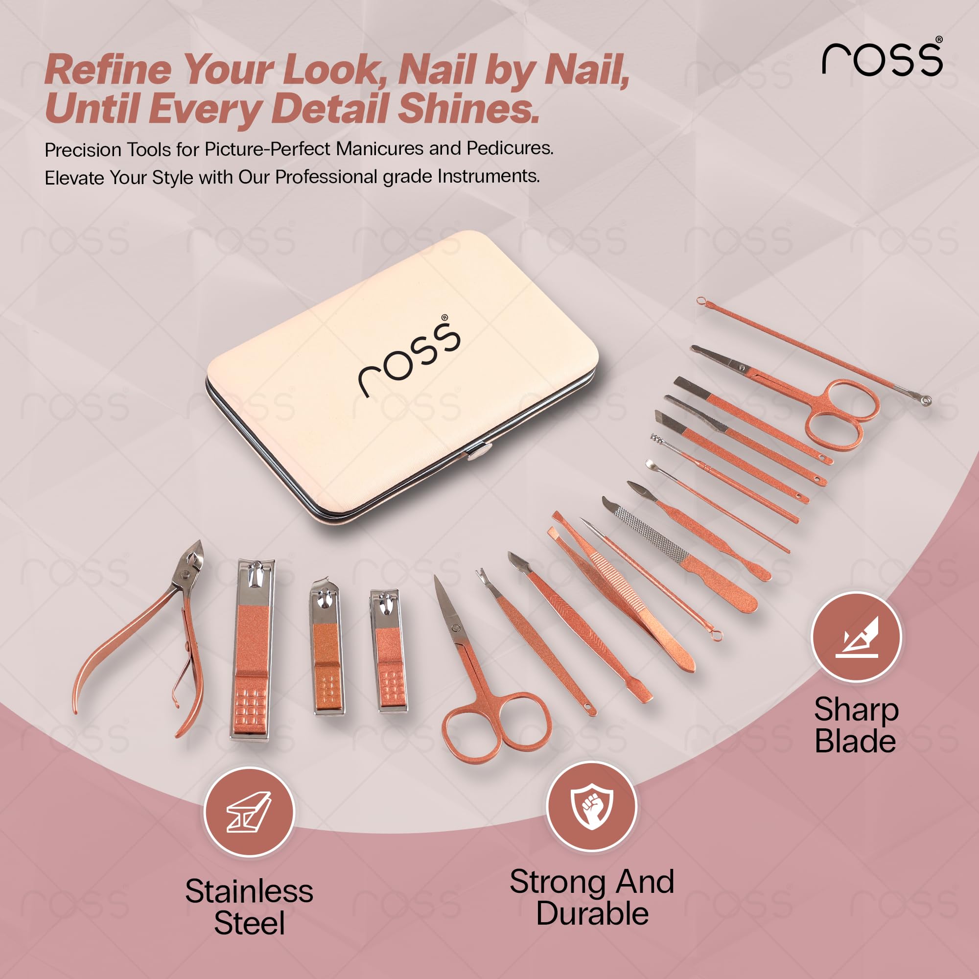 Ross Manicure & Pedicure Kit – Professional Stainless Steel Grooming Set with Nail Clippers, Cuticle Trimmer, Scissors & Tweezers – Travel-Ready Care Kit for Men & Women (18-in-1 Pink) 4