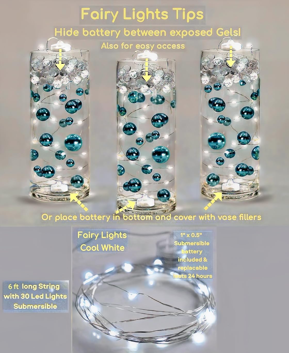 150 Floating Royal Blue/Navy Pearls - Jumbo Sizes - with Must Have Transparent Water Gels KIT for The Best Floating Effect - Fills 2 GL of Gels for Vases-White Submersible Fairy Lights