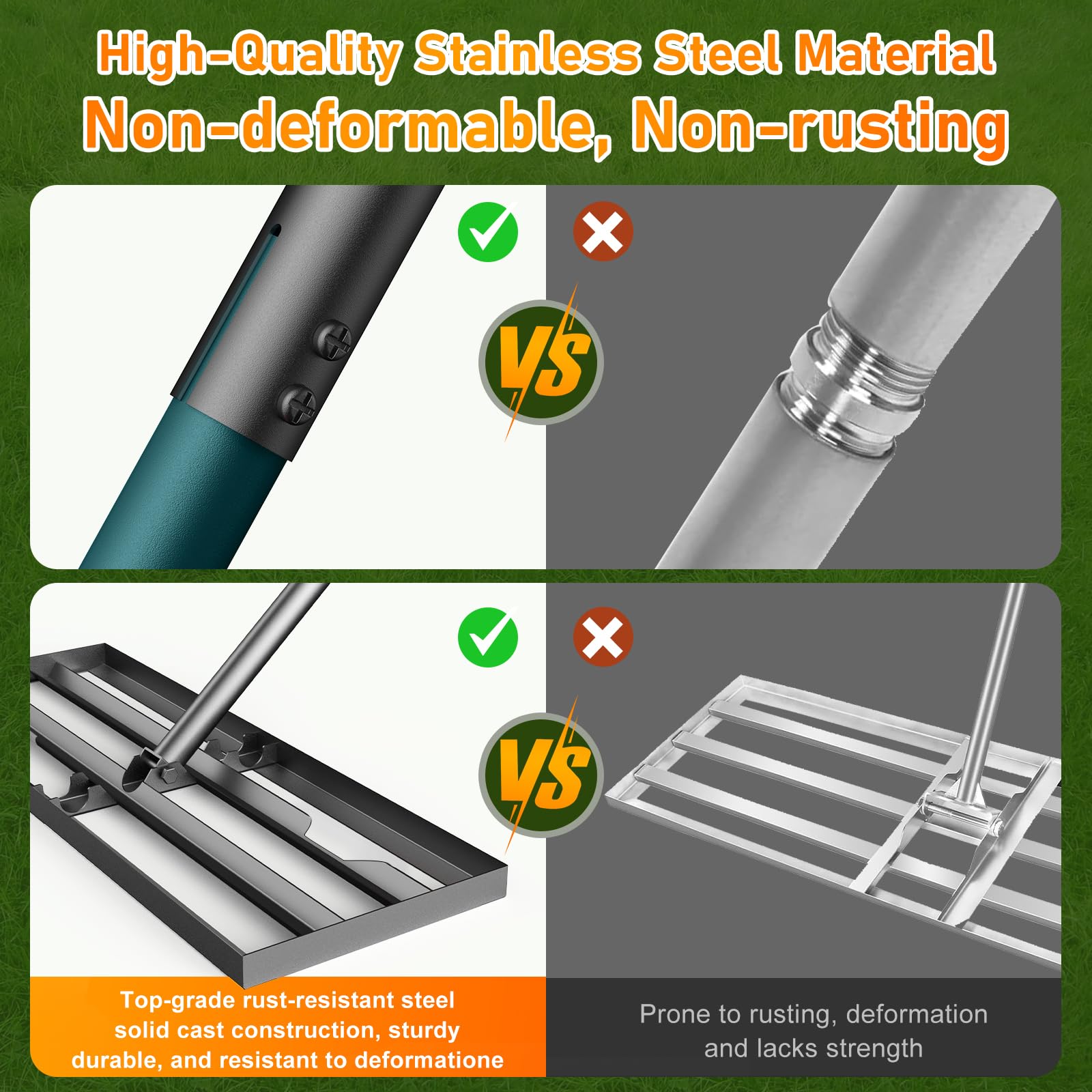 Lawn Leveling Rake, 30"x10" Leveling Rake with 78 Inch Adjustable Handle, Stainless Steel, for Backyard, Garden, Golf Course, Farm ＆ Pasture, Professional Lawn Care Tool - Green - 5