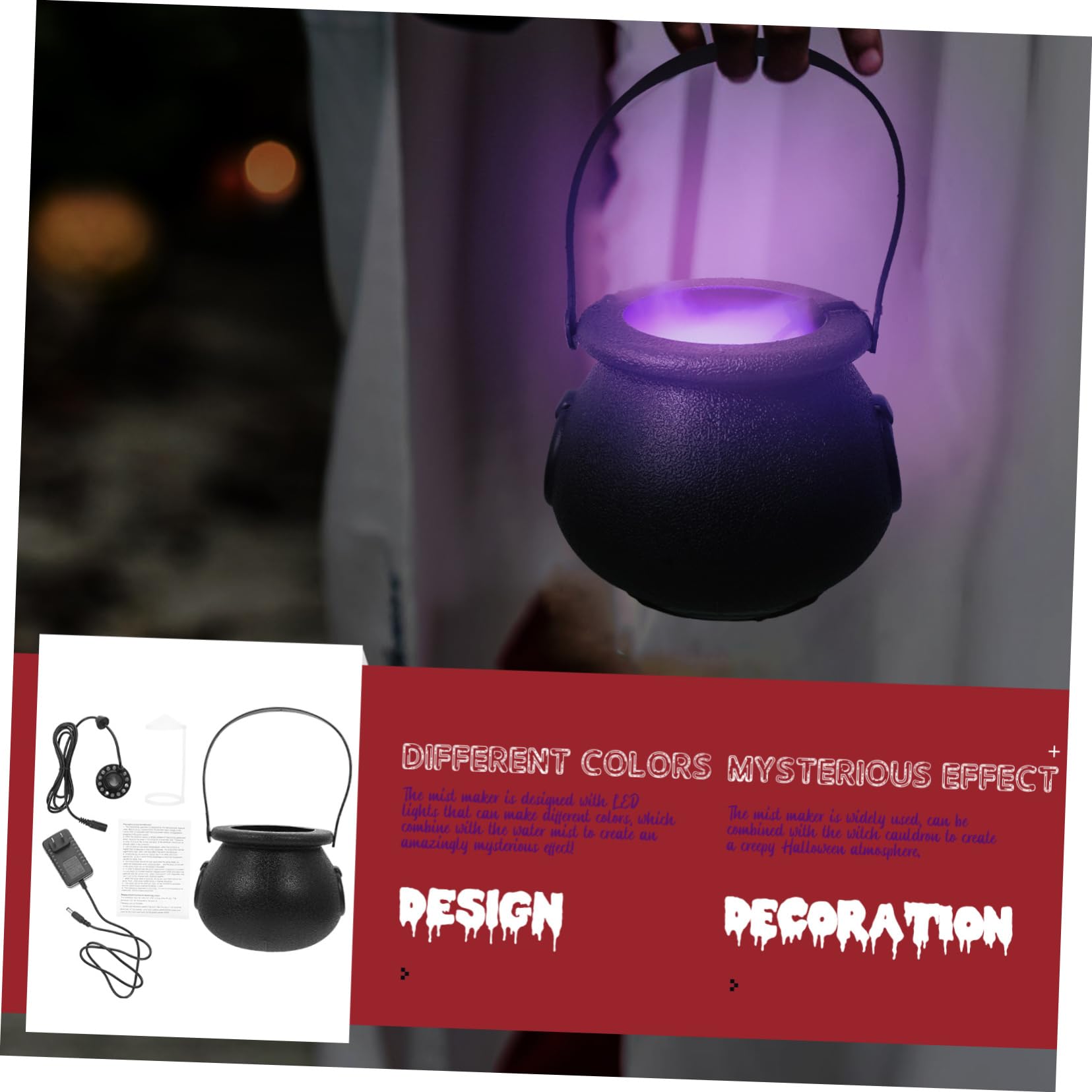 Ciieeo 1Set Halloween LED Fogger with Witch Cauldron Mist Maker Atmosphere Light for Halloween Props Garden Home Decoration US Plug