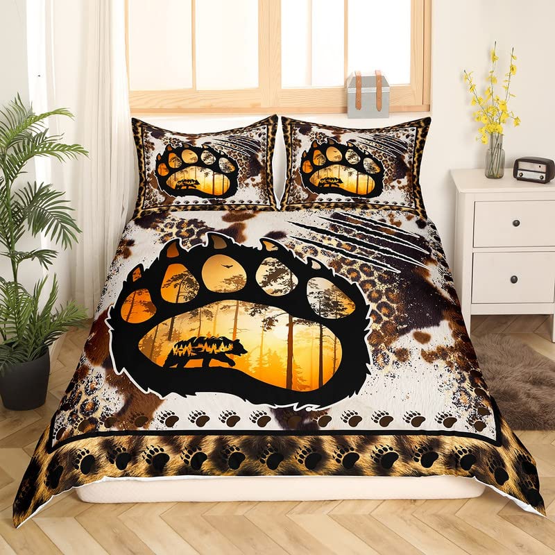 Bear Paw Bedding Duvet Cover Set Wild Animal Bedding Set Boys Decor Nature Wildlife Cute Bear Comforter Cover Set Rustic Cabin Country Brown Black Bedspread Cover Full Size Bedding Collection 3Pcs