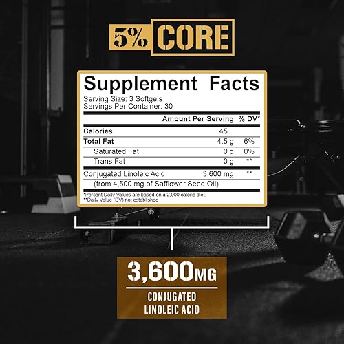 Miniatura 3 de 5% Nutrition Core CLA 3600 | 90 cápsulas blandas | 3,600 mg de ácido linoleico conjugado (aceite de cártamo) | Apoyo de composición corporal sin