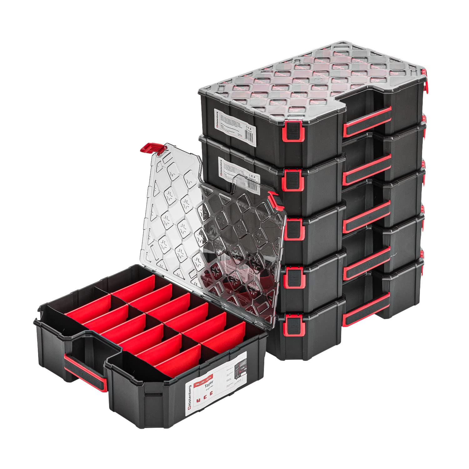 Lot de 6 boîtes de rangement modulées pour petites pièces - 284 x 390 x 60 mm - Boîte de tri avec couvercle transparent - Boîte à outils avec compartiments amovibles