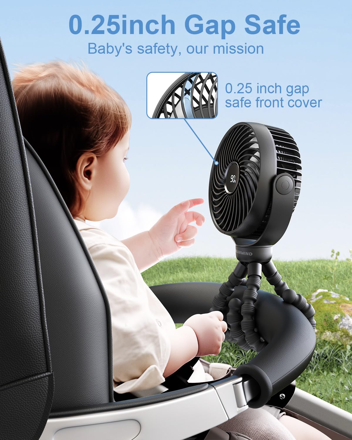 Ventilateur portable pour poussette rechargeable USB avec lumière LED nocturne, 4 vitesses et trépied amovible à 360° - pour voyage, voiture et berceaux