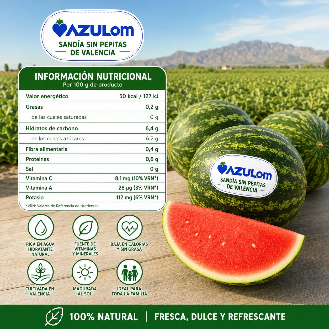 Pack 3 Sandías Rayadas Sin Pepitas AZULOM (15 kg aprox.) - Sandía Dulce de Valencia - Fresca, Jugosa y Lista para Consumir