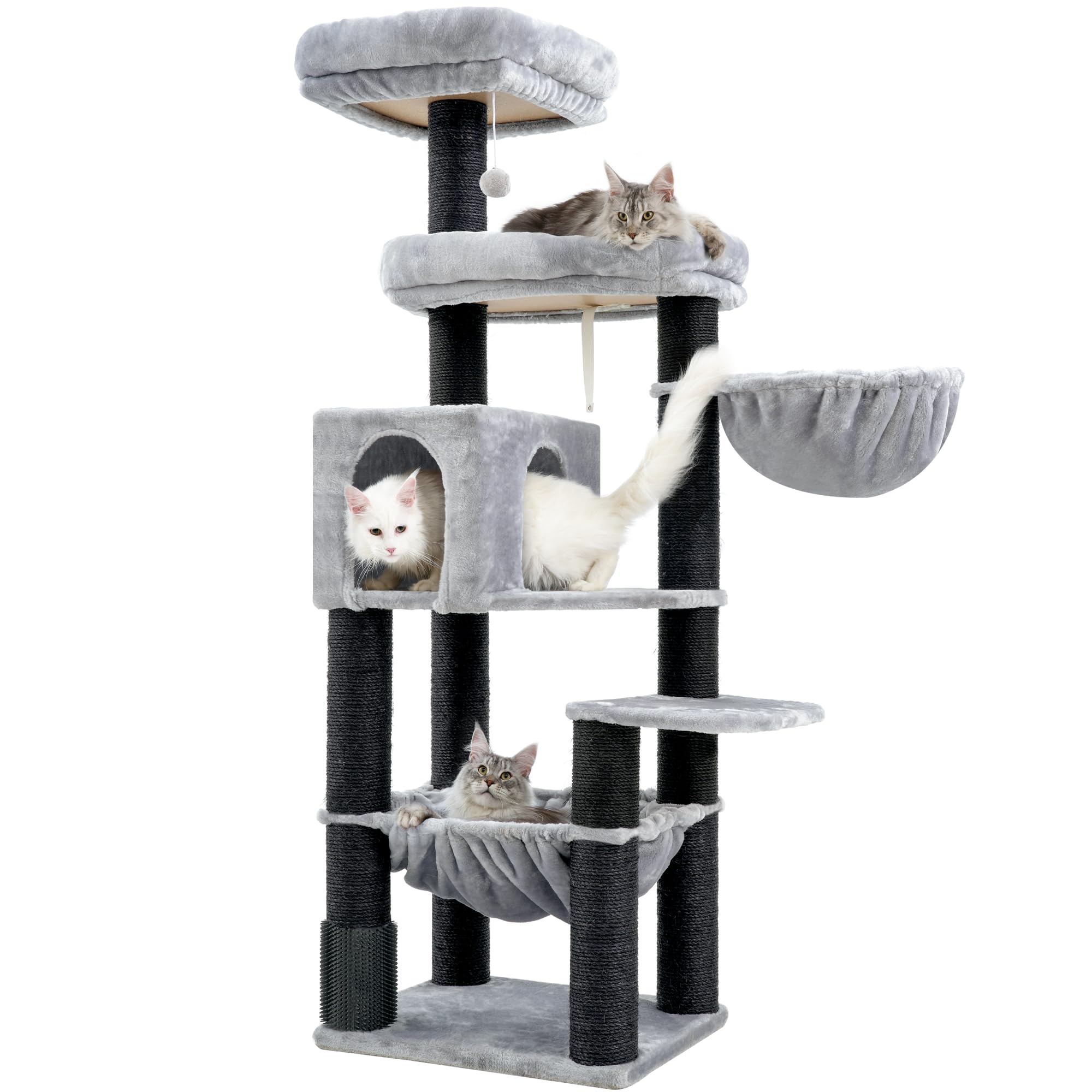 Hey-brother XXL Grosse Kratzbaum für Maine Katze, 168cm Katzenbaum für groß Katzen, mit übergroßer Hängematte, Sisalpfosten (φ11cm) und Kämmer, 2 Plattformen, Höhle, Korb, Hellgrau EMPJ01W