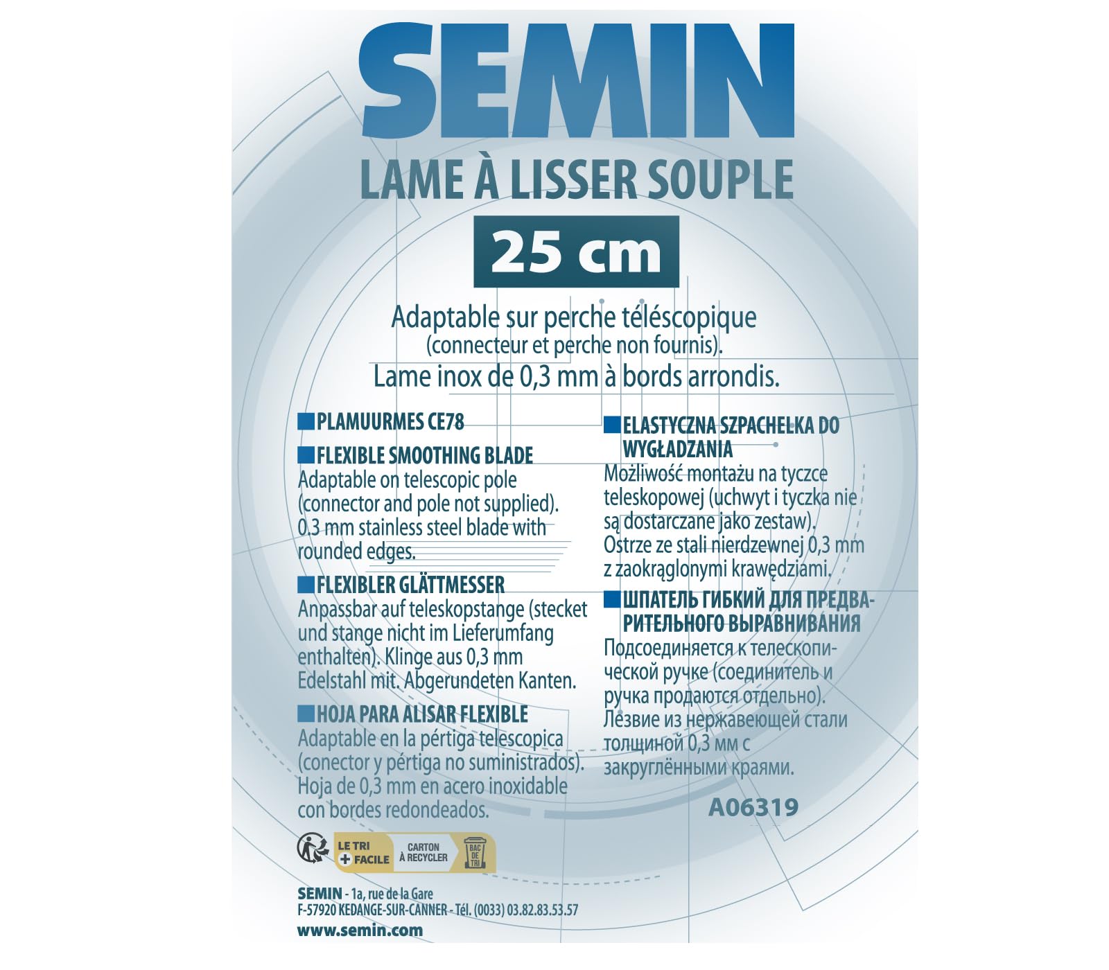 Semin Lame CE 78 pour Enduire et Lisser, 25 cm et Couteau US à Enduire, 10 cm