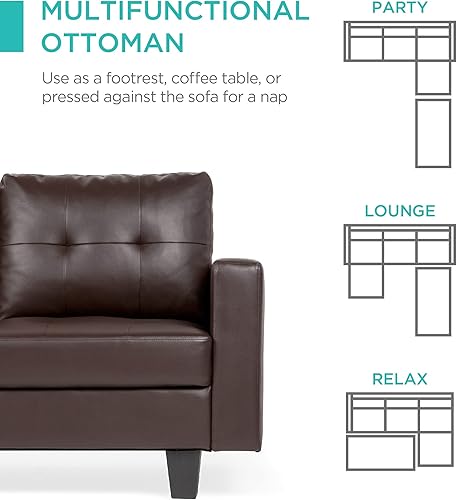Miniatura 5 de Best Choice Products Juego de sofá modular de 3 asientos en forma de L de cuero sintético copetudo con tumbona banco de mesa de café otomano marrón