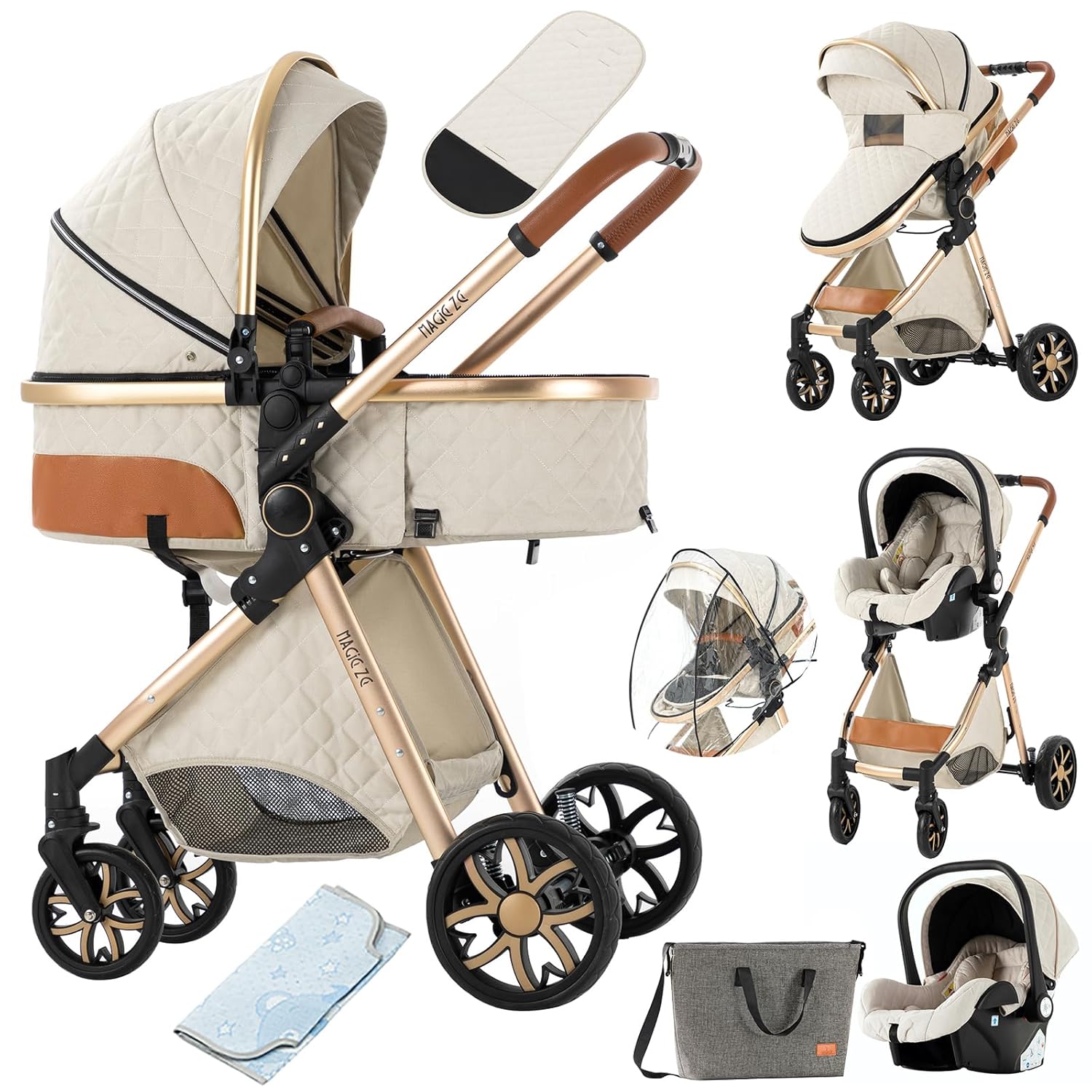 3 in 1 Baby Travel System Reversible Baby Stroller Pushchair Portable Baby Standard Pram Buggy Baby Carriage Foldable Luxury Baby High Landscape Pram for Toddler Newborn (MGV9-WHITE Without Base)
