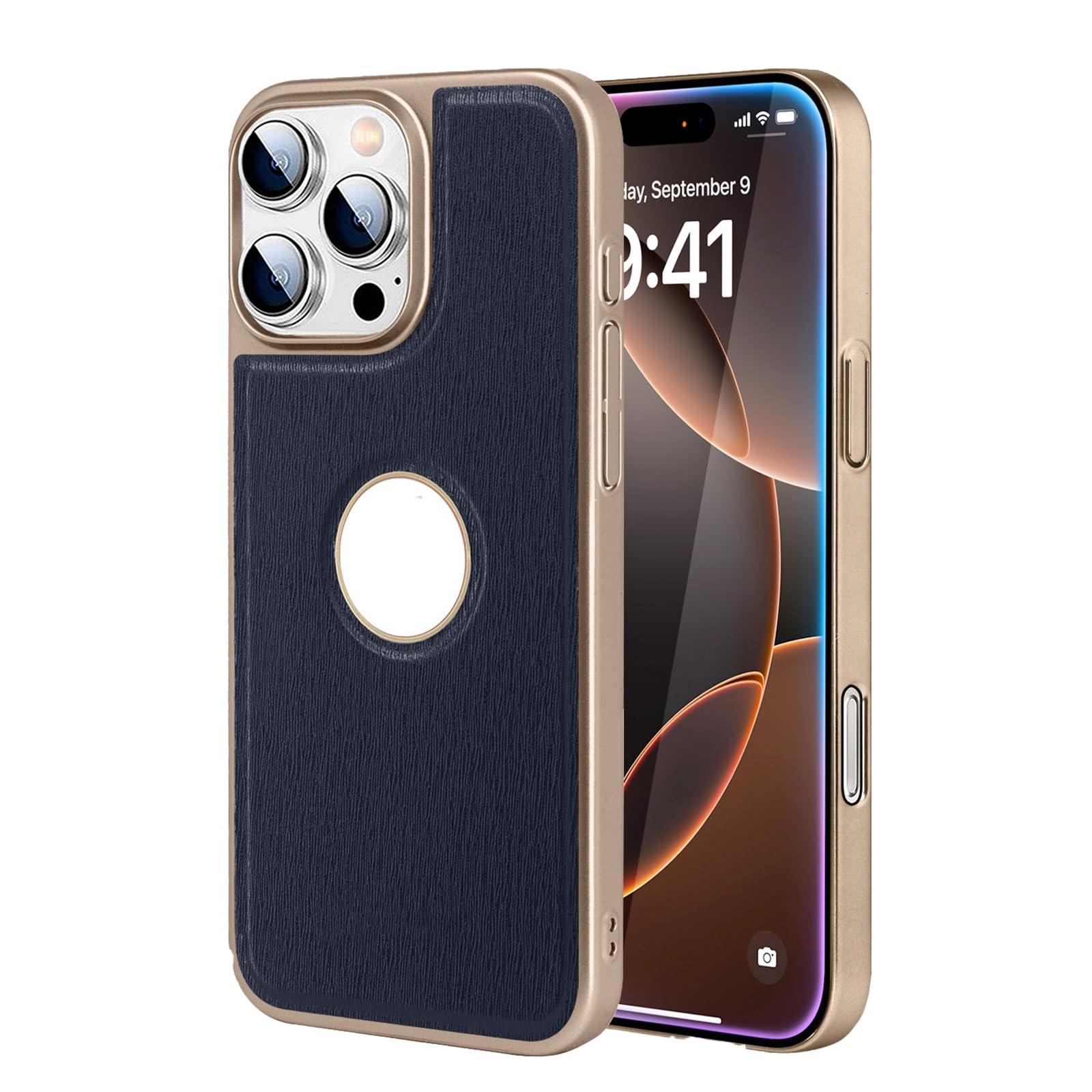 Smukłe etui do iPhone 16 Pro Max/16 Pro/16 Plus/16, wzór kory skóra biznesowa galwanizowane etui z widokiem logo etui ochronne, niebieski, 16