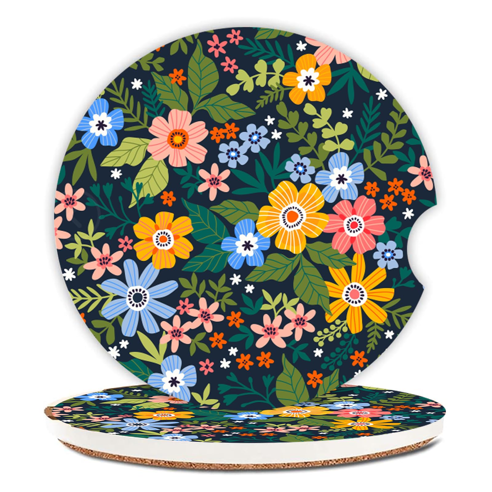Yellow Flowers Car Coasters for Drinks Absorbent,2 Pack Cup Holders,2.56" Ceramic Stone & Non-Scratch Cork Base Coasters,Auto Accessories for Women &