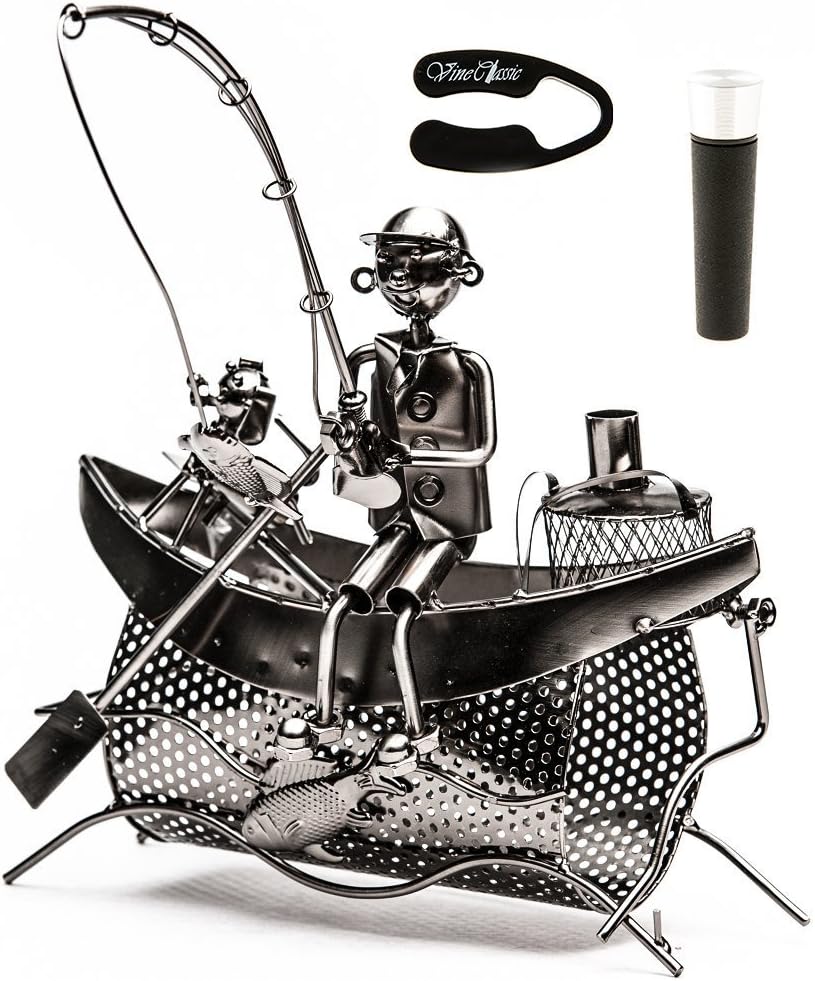 Fisherman Sitting on Boat with a Dog Holding a Fishing Rod Trying to Catch Some Fish , Tabletop Wine Bottle Holder Presenter Plus a Wine Foil Cutter and a Wine Vacuum Stopper