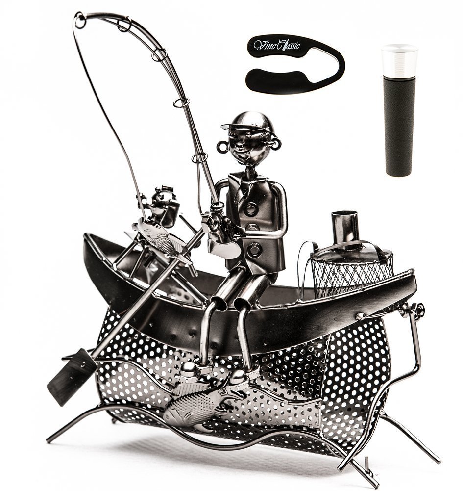 Fisherman Sitting on Boat with a Dog Holding a Fishing Rod Trying to Catch Some Fish , Tabletop Wine Bottle Holder Presenter Plus a Wine Foil Cutter and a Wine Vacuum Stopper