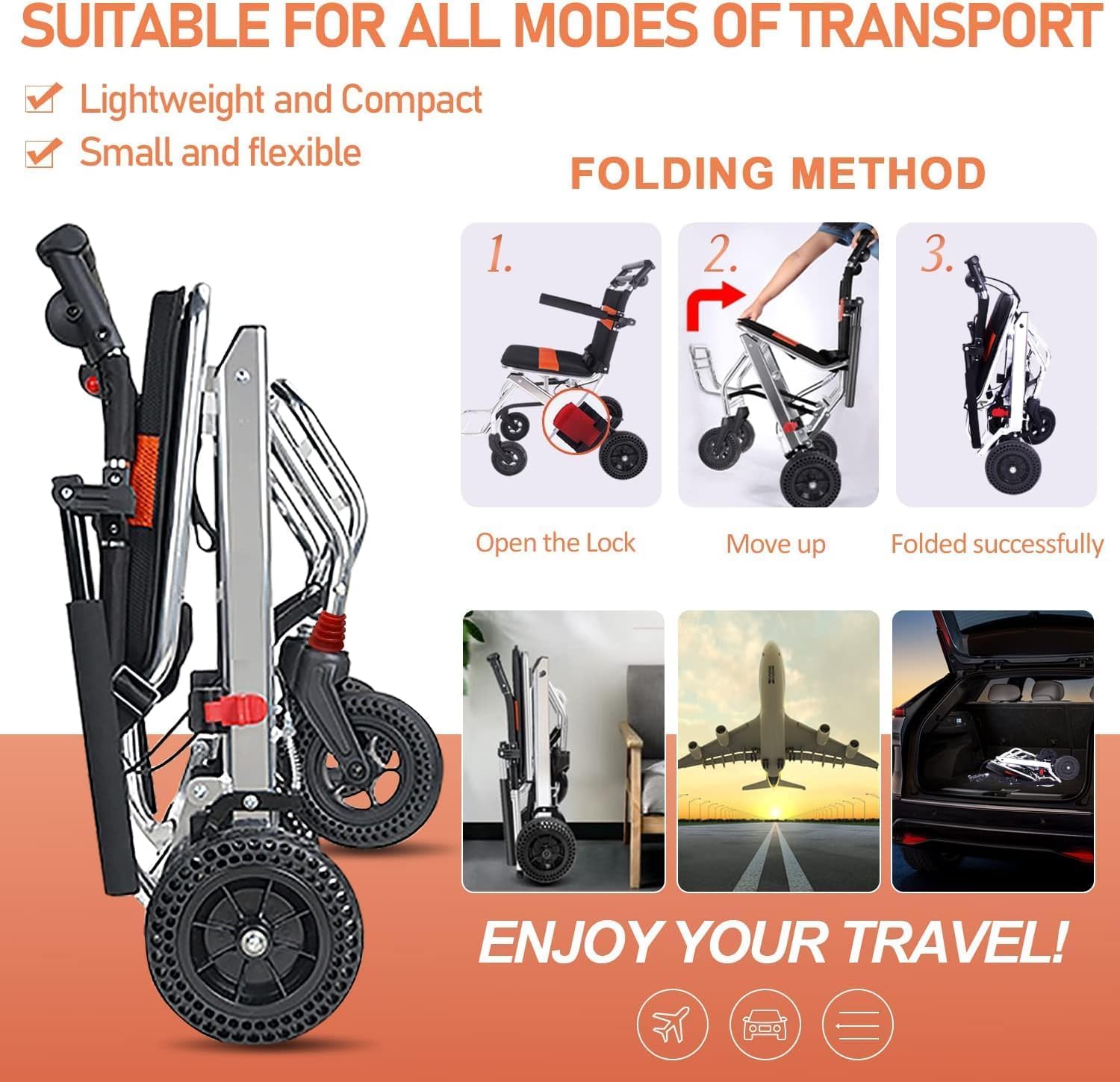 silla de ruedas Silla de ruedas de transporte portátil, silla de ruedas plegable para viaje con freno de mano, silla de ruedas manual ultraligera, scooter silla ruedas
