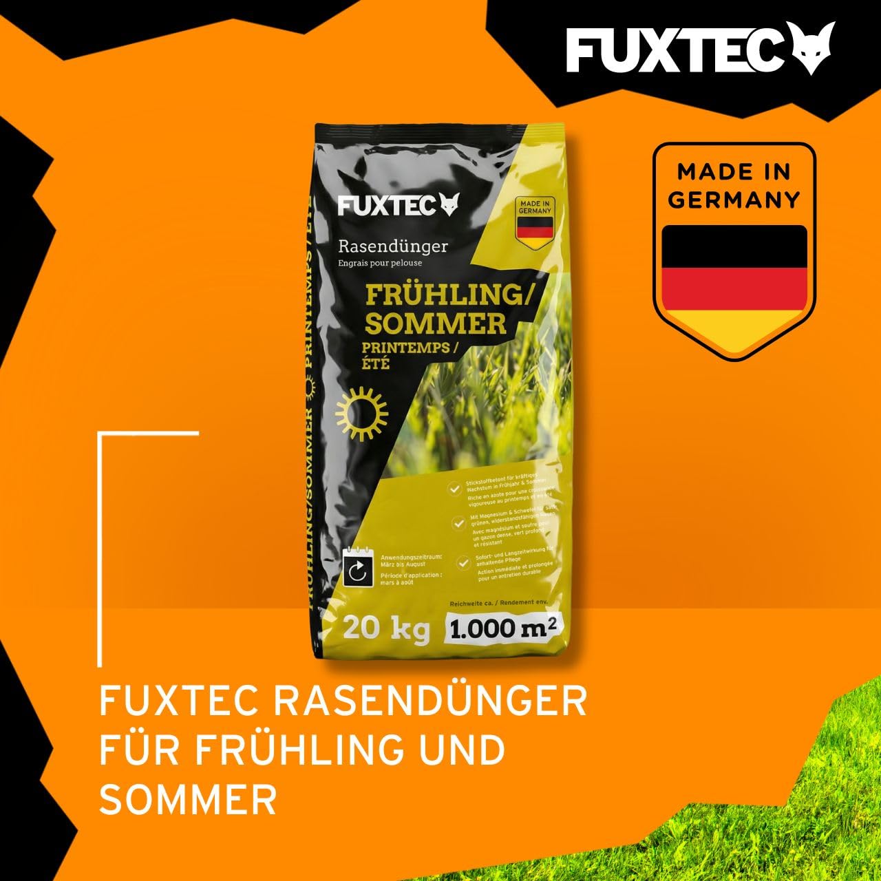 FUXTEC Rasendünger Frühling/Sommer FX-RDFS20, stickstoffbetonter Rasendünger für gleichmäßiges Wachstum, 20 kg Granulat für ca. 1000 m², langanhaltende Nährstoffversorgung