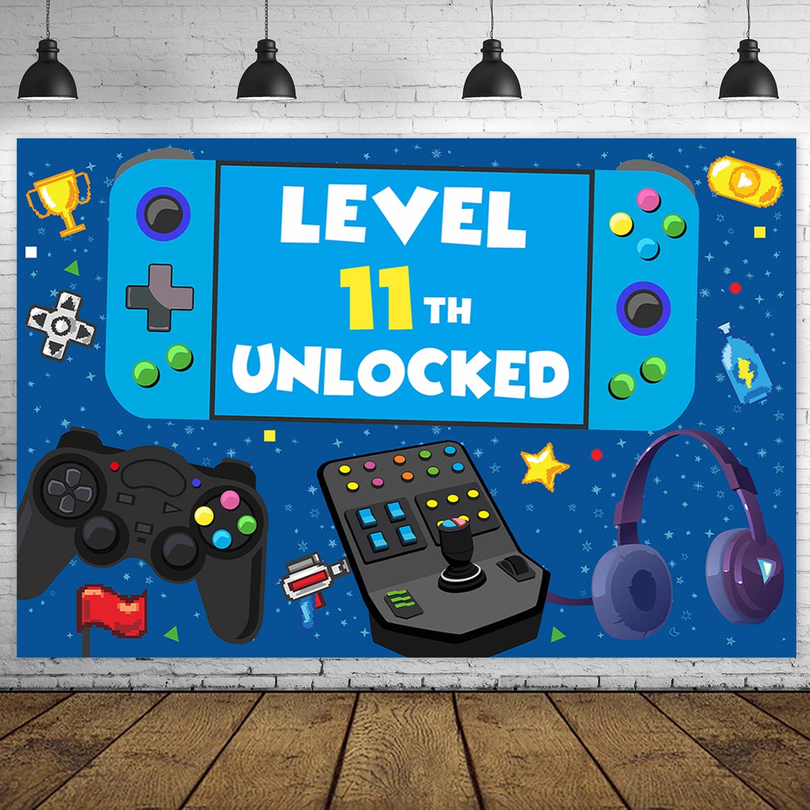 Level 11 Unlocked Geburtstagsbanner – Happy 11th Birthday, Videospiel-Controller Design, Doppelseitig, Glitzer
