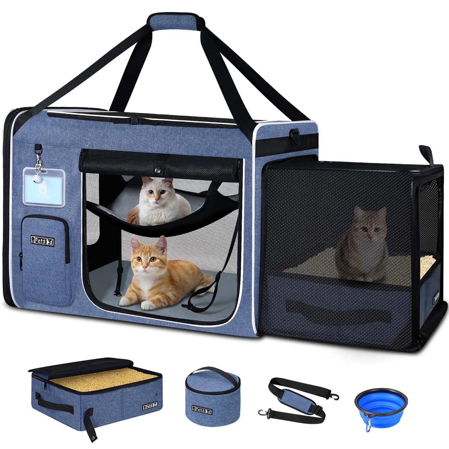 Petskd Side Expandable Extra Large Cat Carrier with Litter Box Area for Long Distance Car Travel,24"x17"x17" Collapsible Soft-Sided Large Pet Carrier with Zipper Locks for 2 Cats Under 55LBS(Blue)