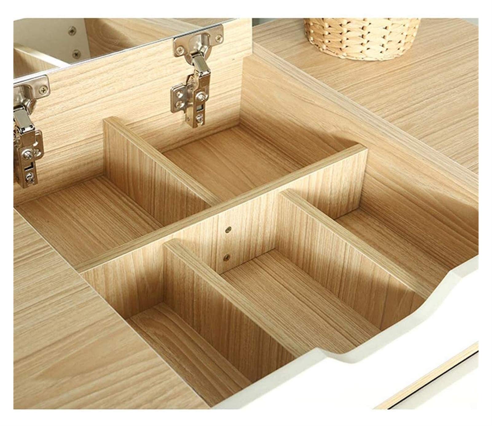 Set da Trucco in Legno Giallo con 5 Cassetti, Specchio A 3 Ante E Sgabello Imbottito: Elegante Tavolo da Trucco per Camera da Letto, Spogliatoio O Bagno.