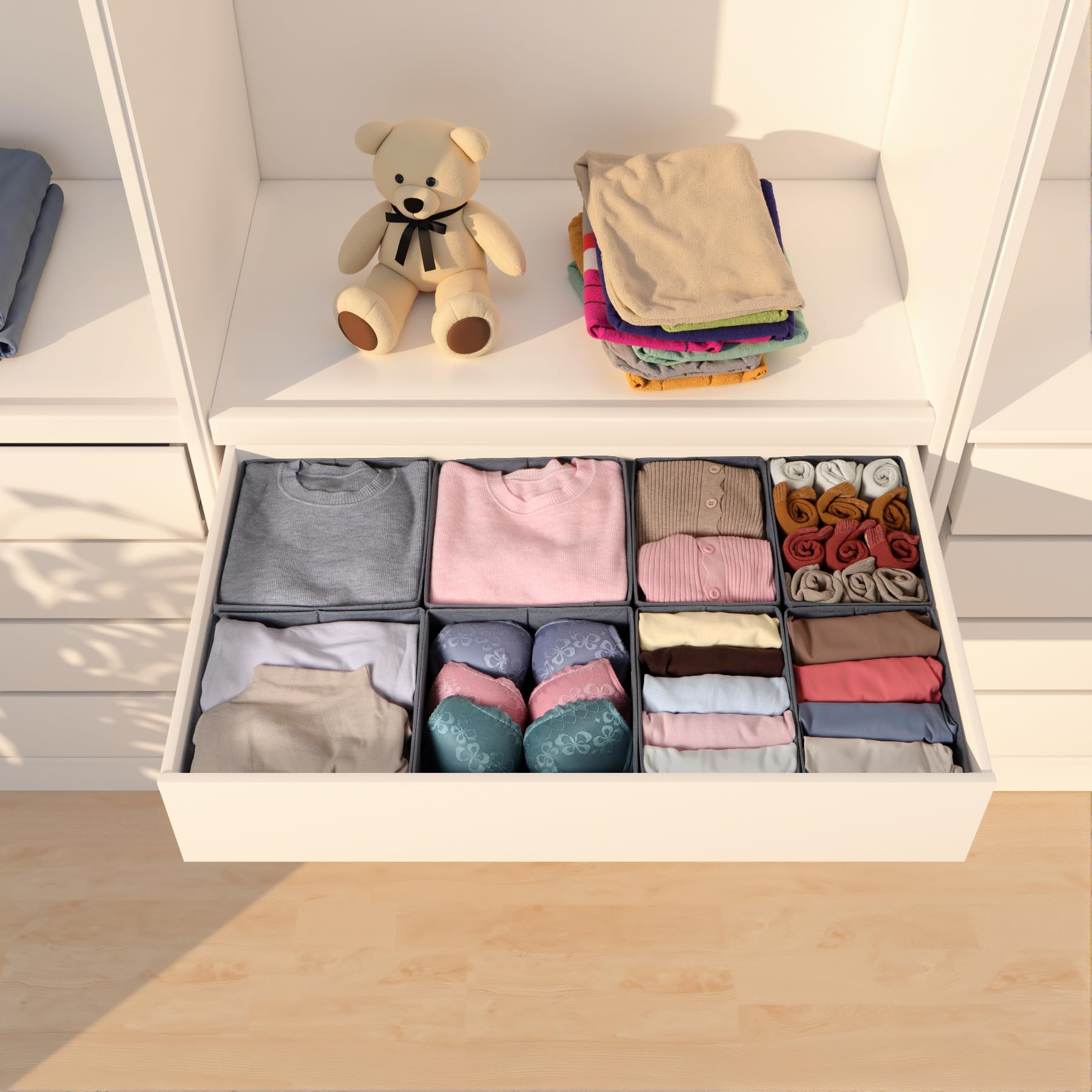 Confezione da 8 organizer per cassetti, pieghevoli, in 2 misure, con base robusta, divisori per cassetti in tessuto lavabile, per biancheria intima, vestiti per bambini, reggiseni, calze