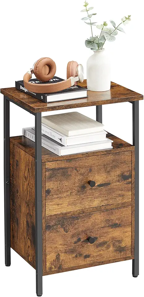 VASAGLE Mesa de Cabeceira, Mesa Lateral, Criado-Mudo com 2 Gavetas, Estilo Industrial, para Quarto, Sala de Estar, Marrom Rústico e Preto BRLET521B01