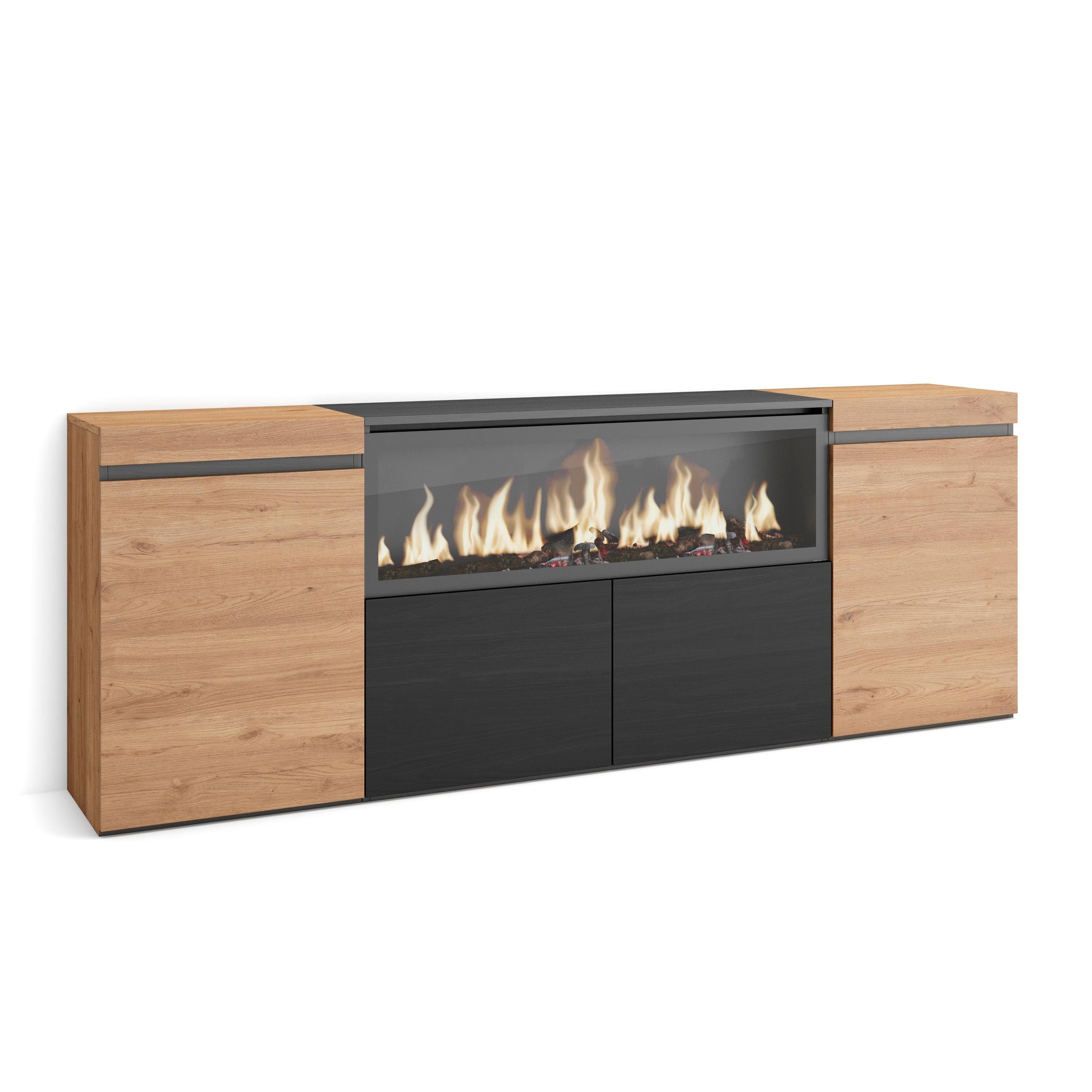 Skraut Home | Mobile TV Soggiorno | Ampio spazio a disposizione | 210 | Per TV fino a 80 | Camino elettrico XXL | Design industriale | Stile moderno | Cemento