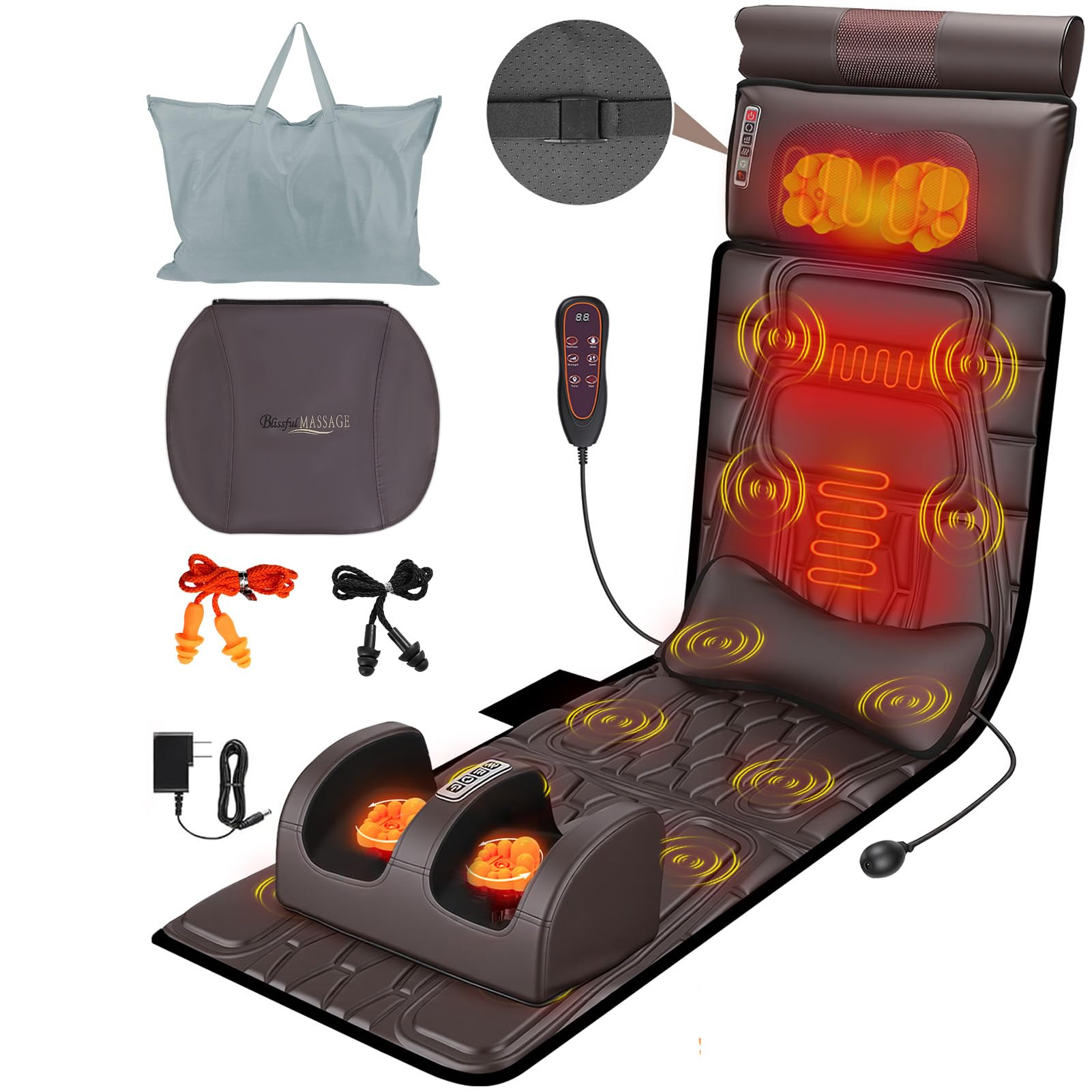 Ganzkörper-Massagematte mit Wärme und beweglichem Shiatsu-Nacken- und Rückenmassagegerät, Massage-Matratzenauflage mit Kopfkissen und Lendenwirbelstütze, 12 Vibrationsmotoren, 9 Massagemodi und 2