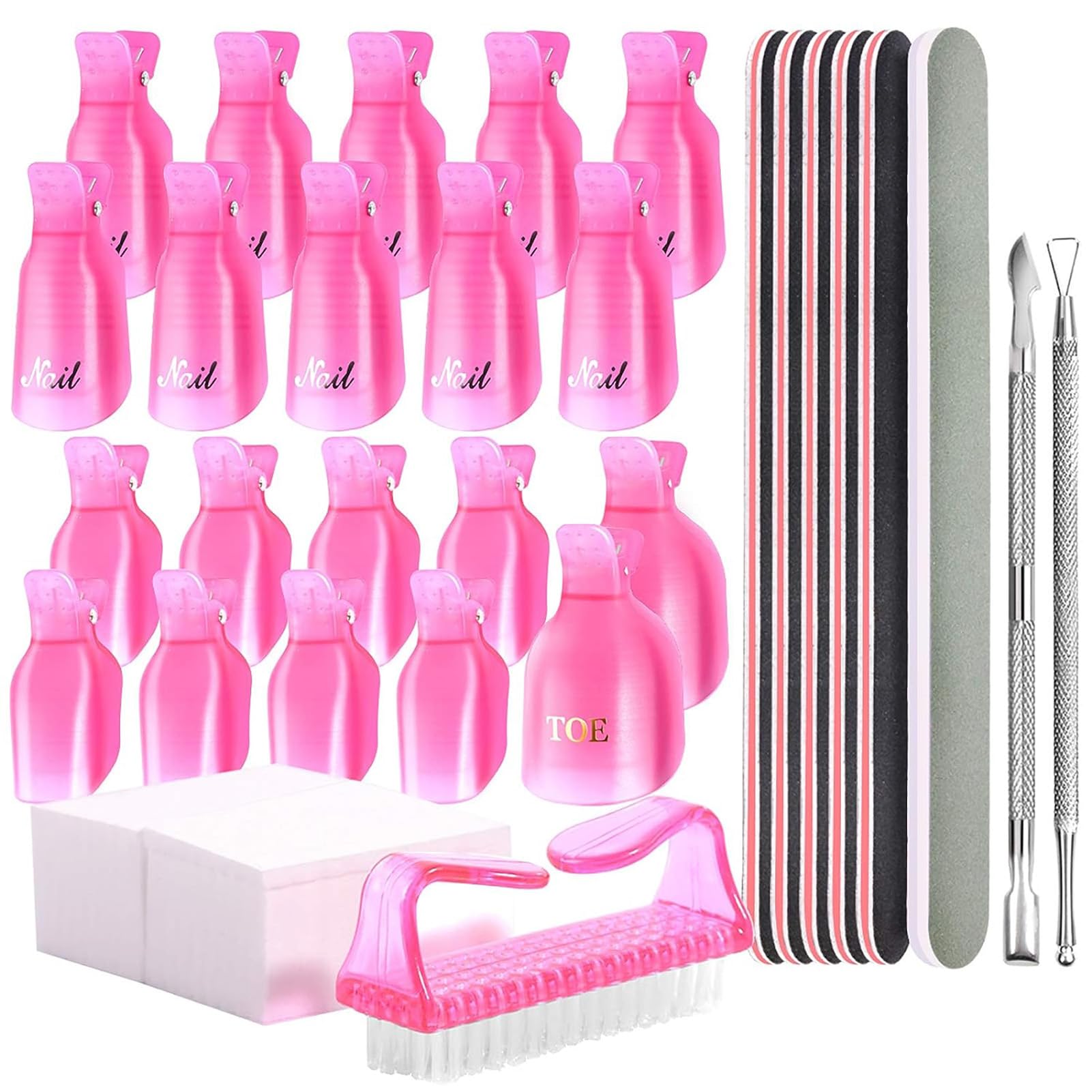 YHOMENail Polish Gel Remover Tools Kit， 20pcs Nail Soak Off Clips for Hands and Toes，100 Pcs Remover Cotton Pad，Nail Brush,Nail Files, Polishing Strip,Nail Cuticle Pusher Peeler Scraper (Pink)