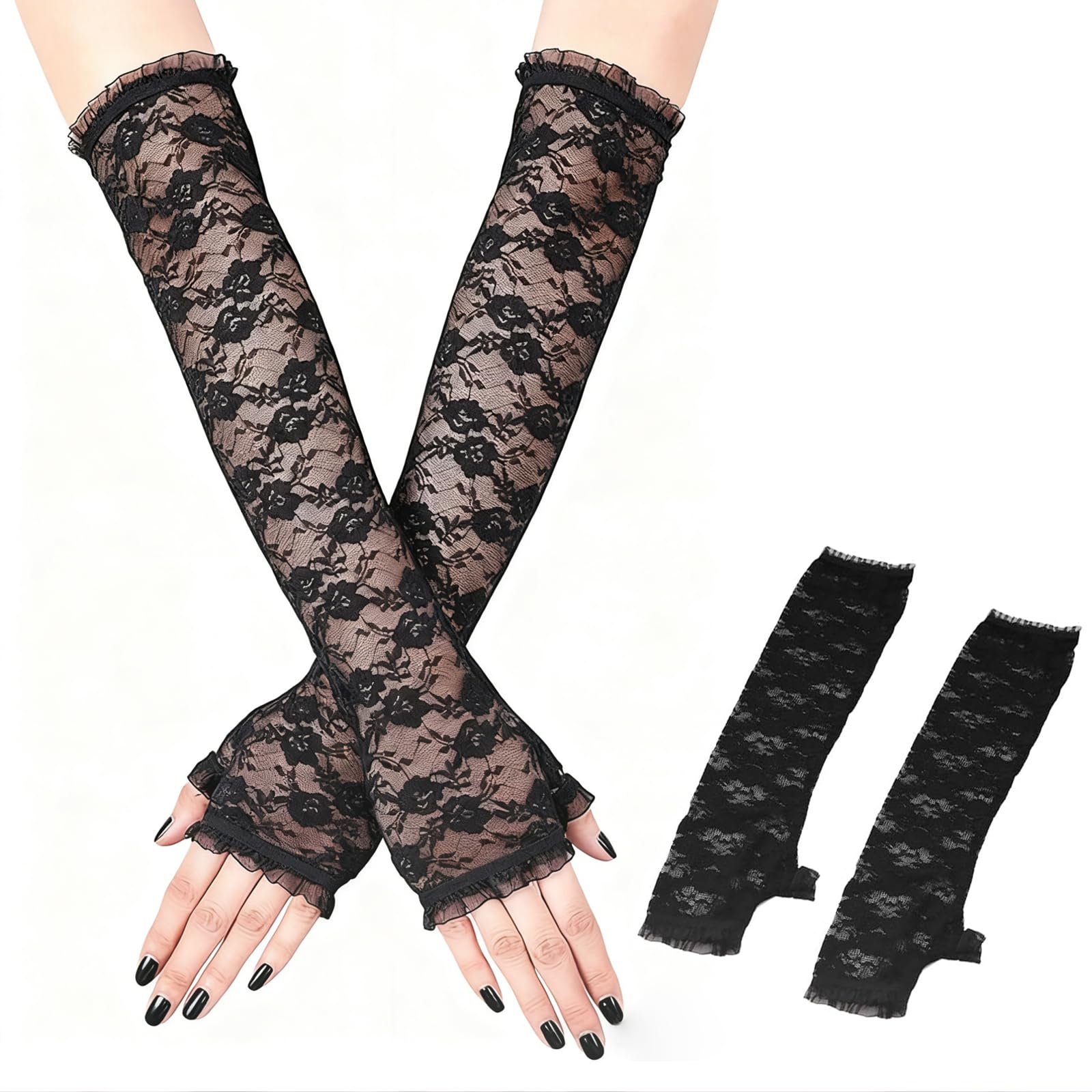Cfcyhla Long Lace Gloves,Black Lace Gloves for Women,Silk Hand Sleeves,Fingerles Elbow Length Evening Gloves for Wedding Halloween Party Costumes
