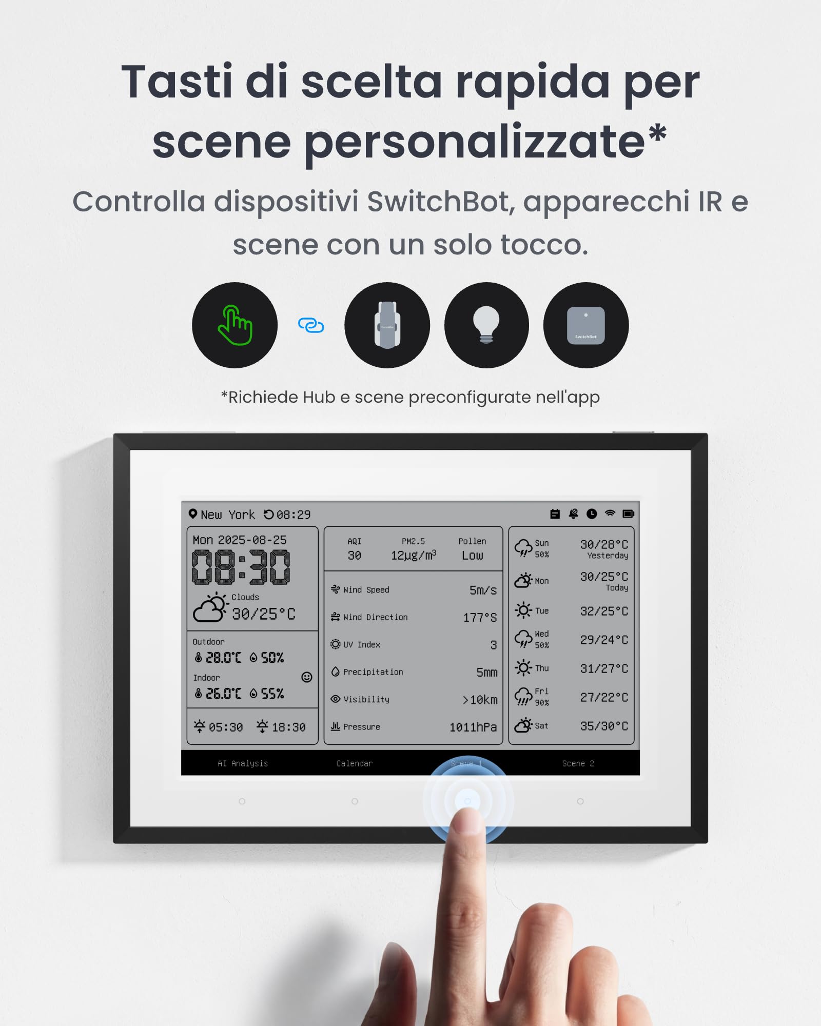 SwitchBot Stazione meteo intelligente, monitor wireless da 7,5", per temperatura interna/esterna e umidità con calendario elettronico, compatibile con Google, iCloud, Outlook, Yahoo