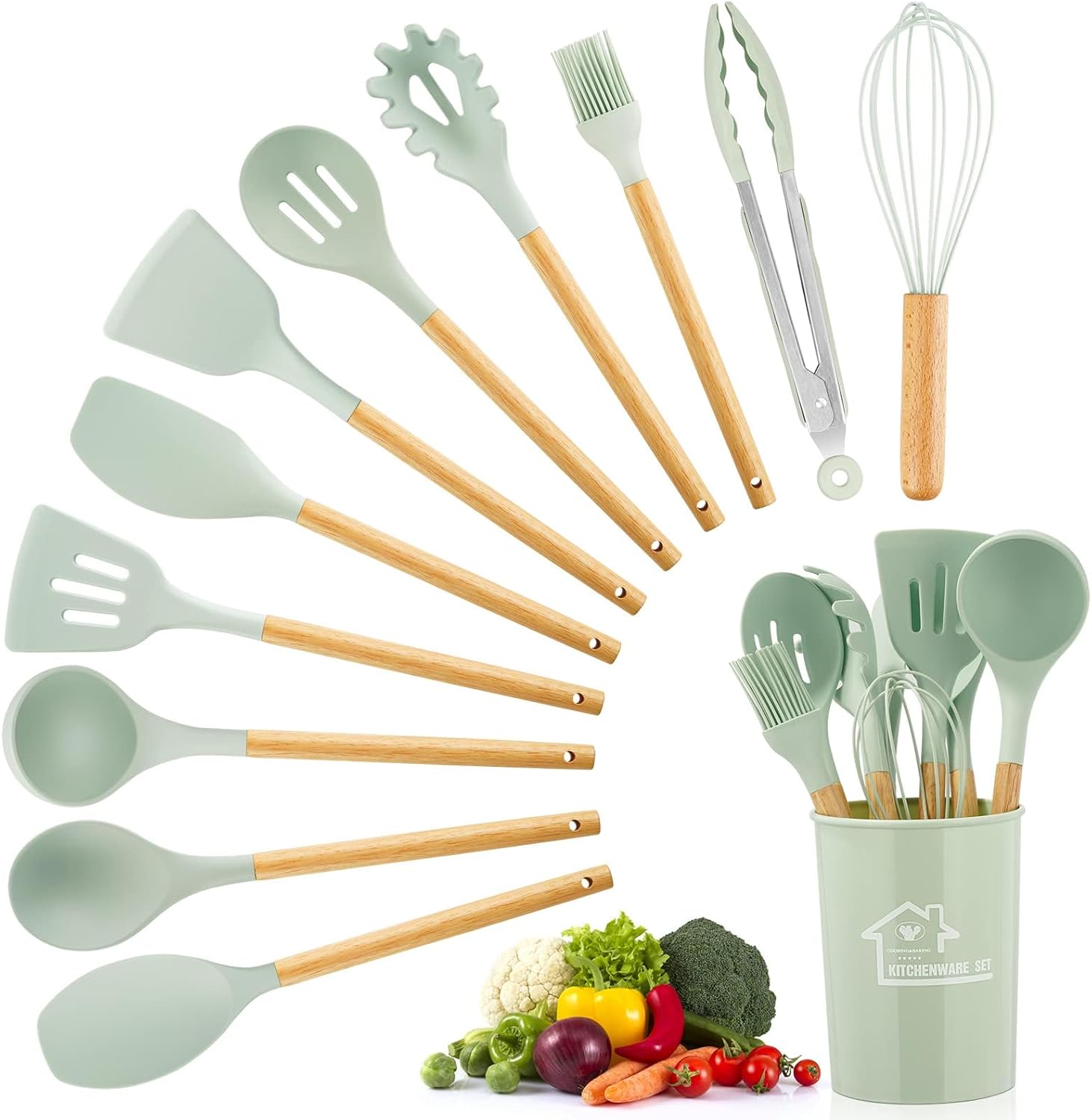 12 Pcs Silicone Cooking Utensils with Holder, Kitchen Utensil Set, Non-Stick Cooking Tools with Wooden Handle, Kitchen Gadgets C-ooking Spatula Heat Resistant Tools with Holder