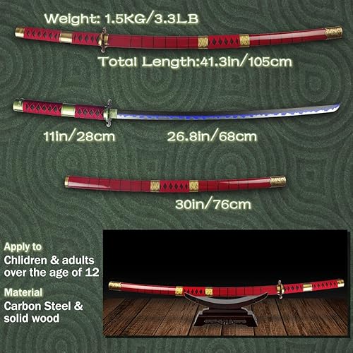 Miniatura 4 de Adust Espadas Roronoa Zoro de acero al carbono, espada de anime de metal real, disfraz de cosplay Zoro de 41 pulgadas en total, espada japonesa Zoro