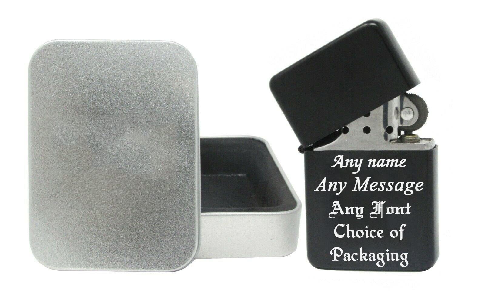 Larryroo Black Personalised Engraved Gloss Lighter, With A Choice Of Packaging & Fonts - Personalise With Any Message & Any (Metal Tin Packaging)