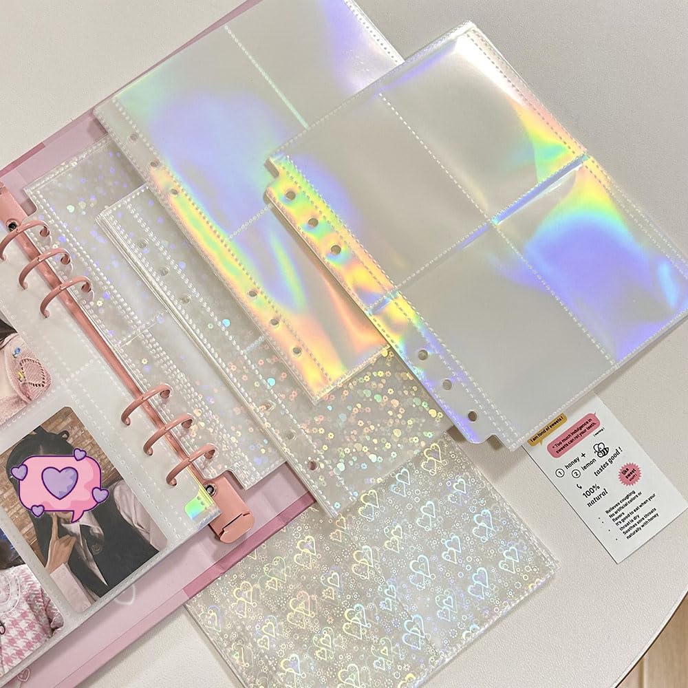 12 fogli A5 buste per raccoglitori di carte con 8 tasche, 6 tasche per raccoglitori di carte a 6 anelli, maniche double-face per fotocard laser, stelle, fiori, cuore, pagine per album fotografici