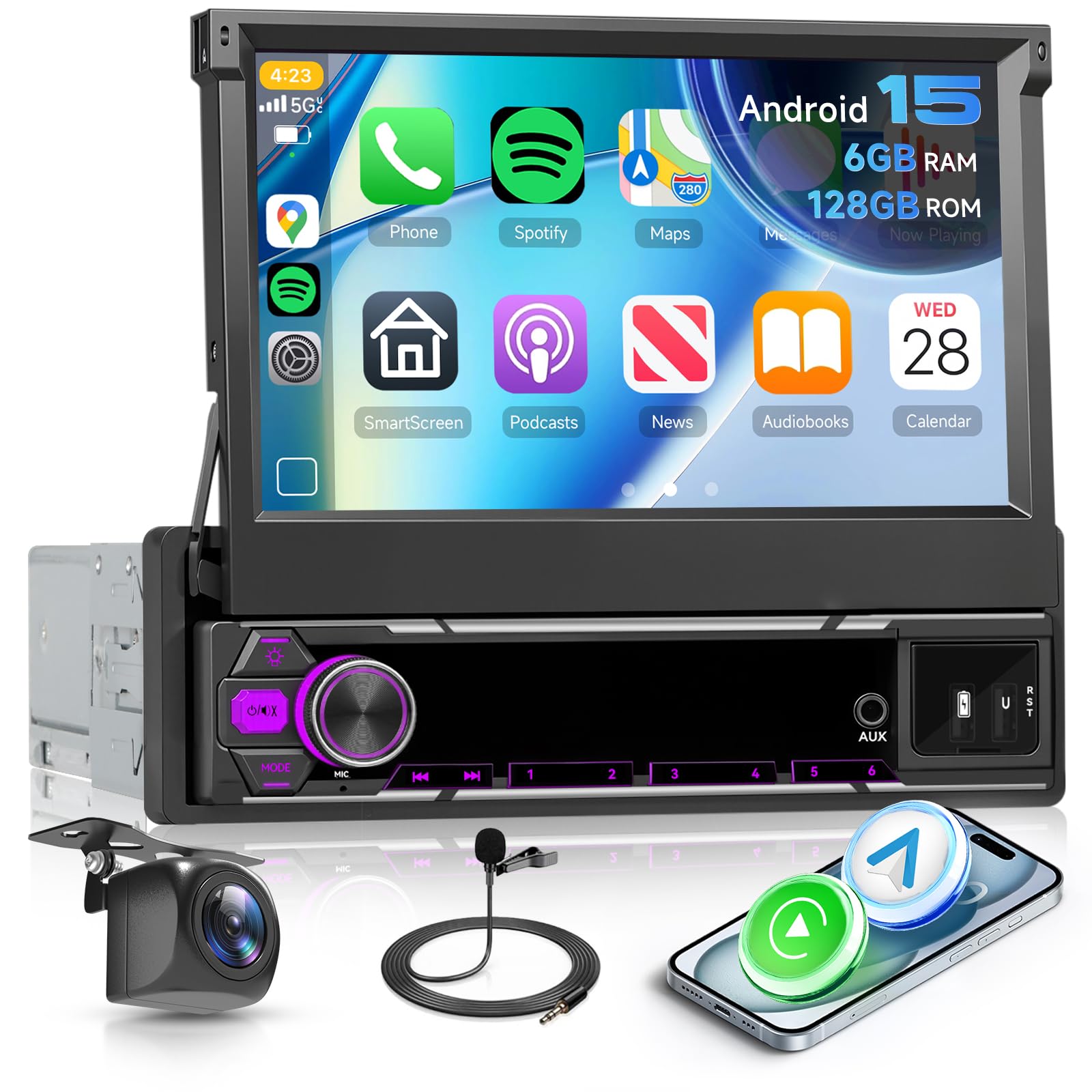 Hodozzy 6G+128G Android 15 Radio Coche 1 DIN con CarPlay Inalámbrico Android Auto, Pantalla Táctil Retráctil 7 Pulgadas GPS Autoradio con Bluetooth, Am/FM/RDS, DSP, Pantalla Dividida, USB y Cámara