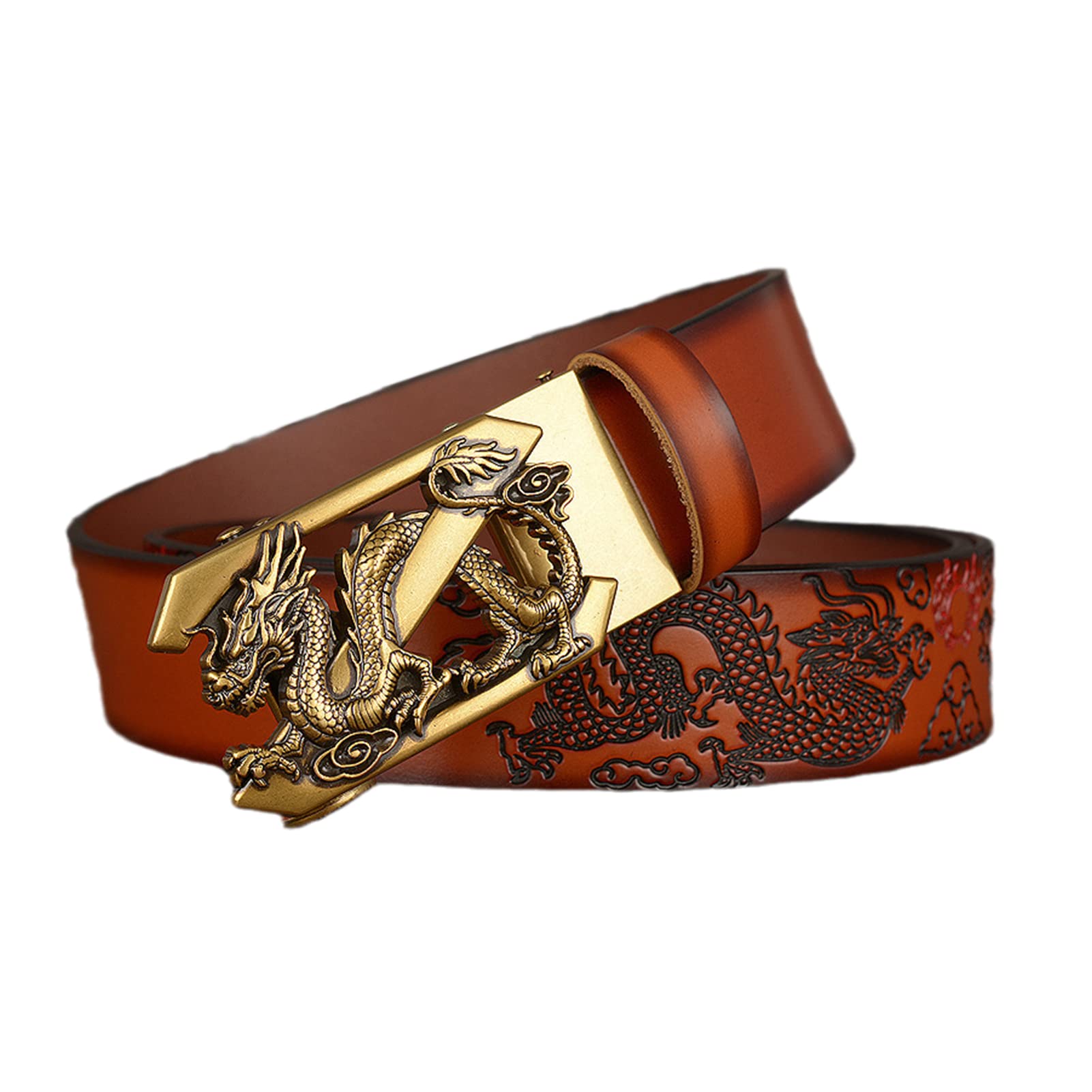 Cinturón De Diseño Con Trinquete Y Grabado Dragón For Hombre - Piel Auténtica, Hebilla Automática Dorada 3D, Deslizante Extraíble, 35 Mm Ancho, For Vestir Informal