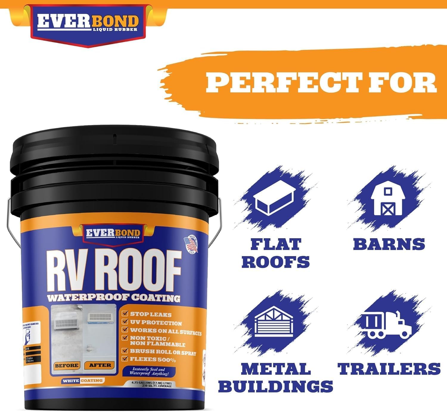 Liquid Rubber RV Roof Coating - Roof Sealant for Camper Roofs, Trailers, Motorhomes, and Metal Buildings - Roof Cooling White 4.75 Gallon - Made in USA