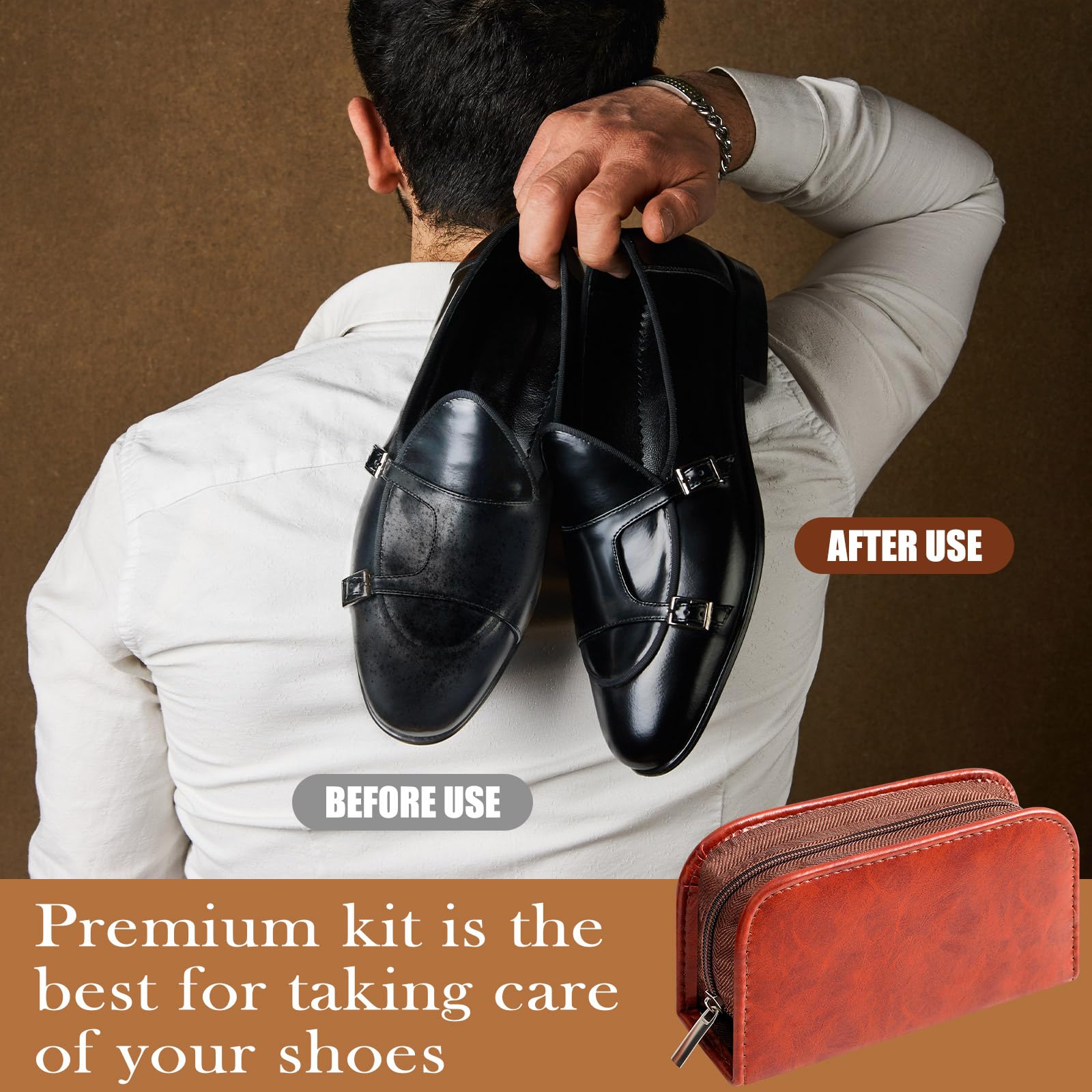 Kit de esmalte de zapatos para hombre, 7 piezas, kit de brillo de zapatos negro, kit portátil de cuidado de botas de cuero para limpieza con bolsa de almacenamiento de poliuretano