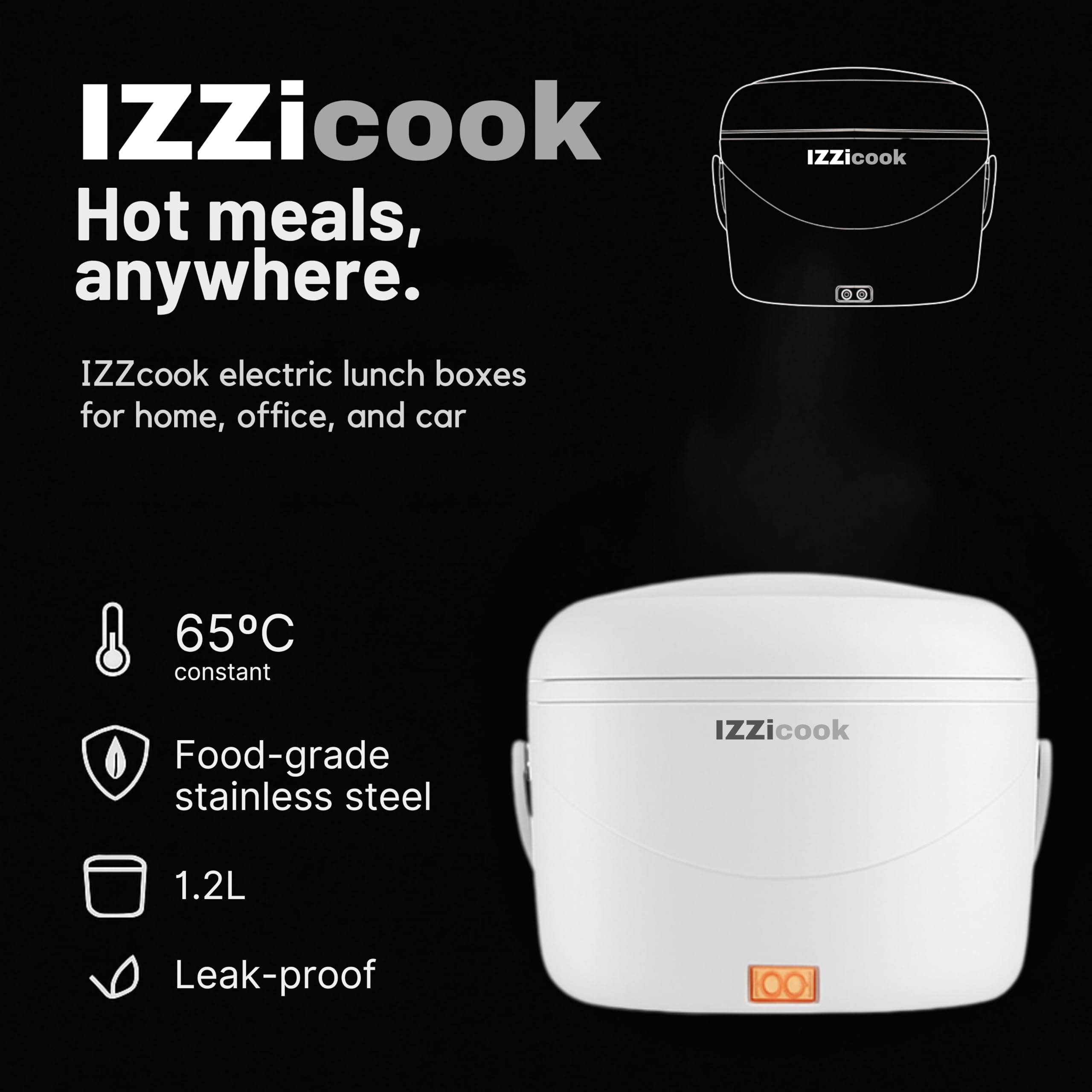 IZZi cook - Fiambrera calentadora para adultos, calentador eléctrico de 1.2 L y calentador de alimentos, solución de comida portátil para oficina, viajes y escuela con tapa a prueba de fugas y
