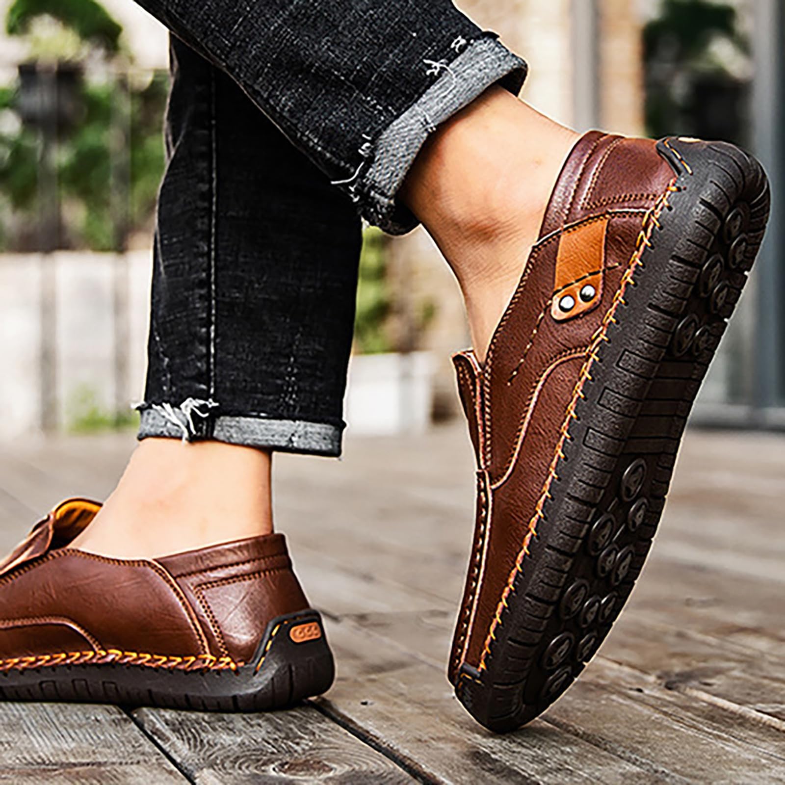 Generisch Mokassins Herren Leder Lederschuhe Herren Handgemacht Sportschuhe Bequem Laofer Flache Sohle Walkingschuhe Ohne Schnürsenkel Fitnessschuhe Einfarbig Halbschuhe Kunstleder Slip On Turnschuhe