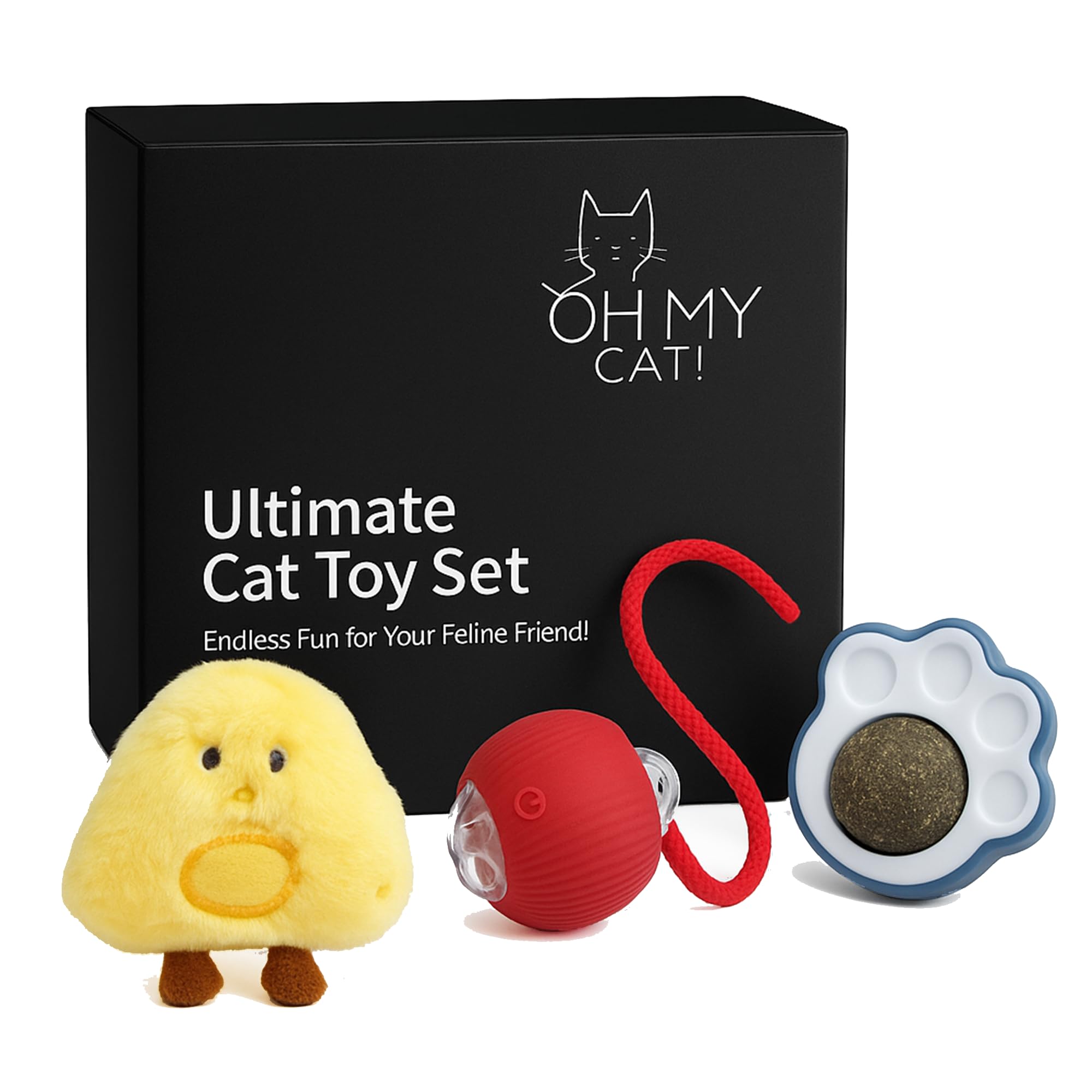 Oh My Cat! Juego de juguetes para gatos, 3 juguetes interactivos para gatos, bola de movimiento automático con luces, juguete de hierba gatera de felpa y regalo de pata de menta para gatos, regalos