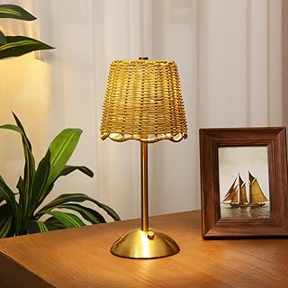 Pickmesh 1 Pack Boho Rattan Table Lamp with Gold Tone Base Scalloped Edg...