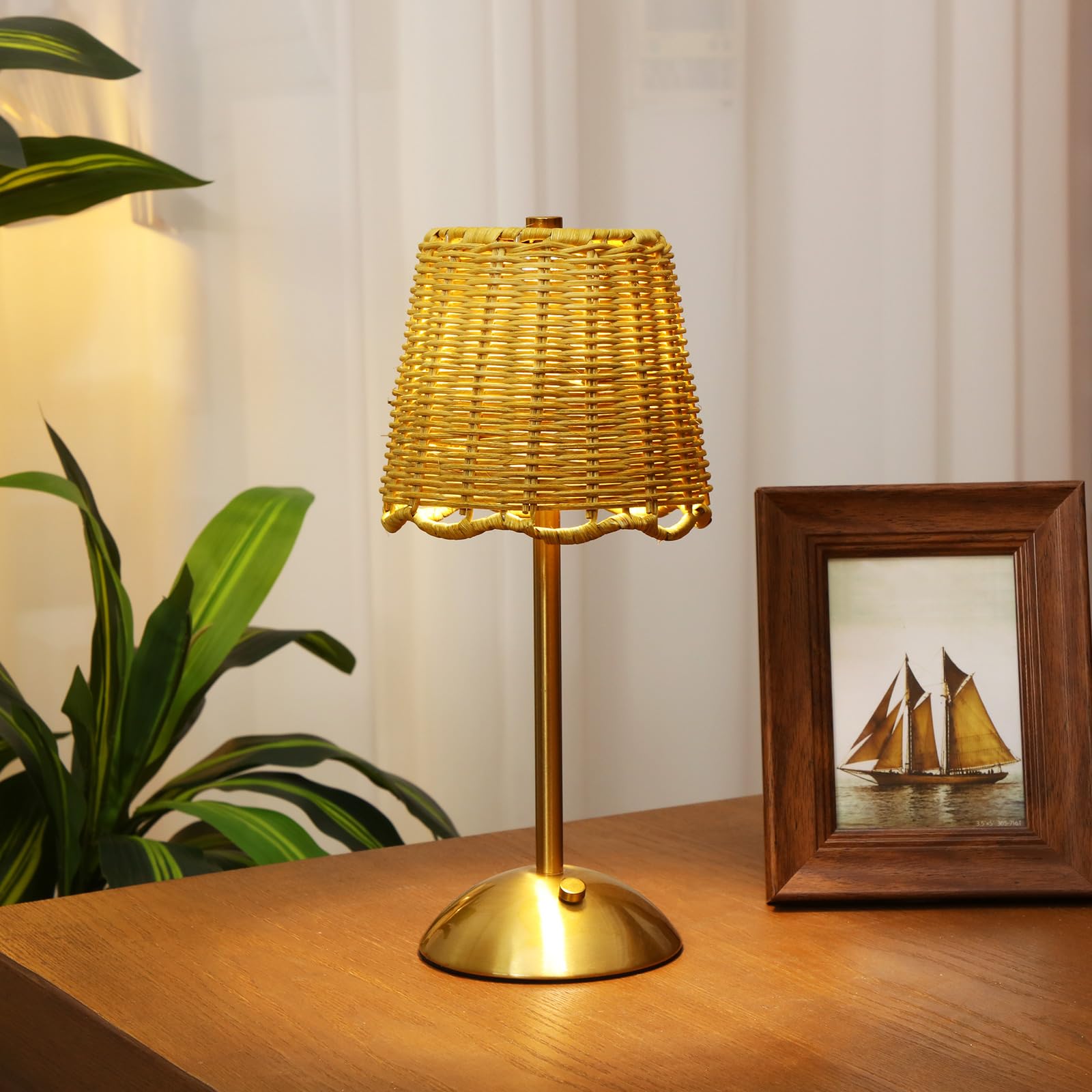 Photo 1 of Pickmesh 1 Pack Rattan Table Lamp Woven Boho Table Lamp with Gold Tone Base Wicker Night Light Cordless LED Desk Lamps for Living Room Bedroom Home Decor, 2600mah Battery Operated