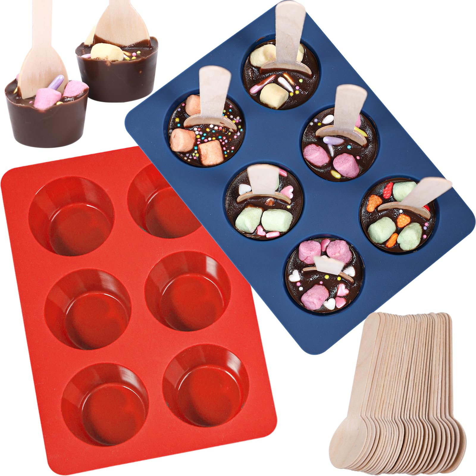 Webake 2pcs Christmas Hot Chocolate Spoon Molds with 30 Wooden Spoons, Cylinder Silicone Hot Cocoa Chocolate Cups, Reusable, Suitable for DIY Hot Cocoa Bomb